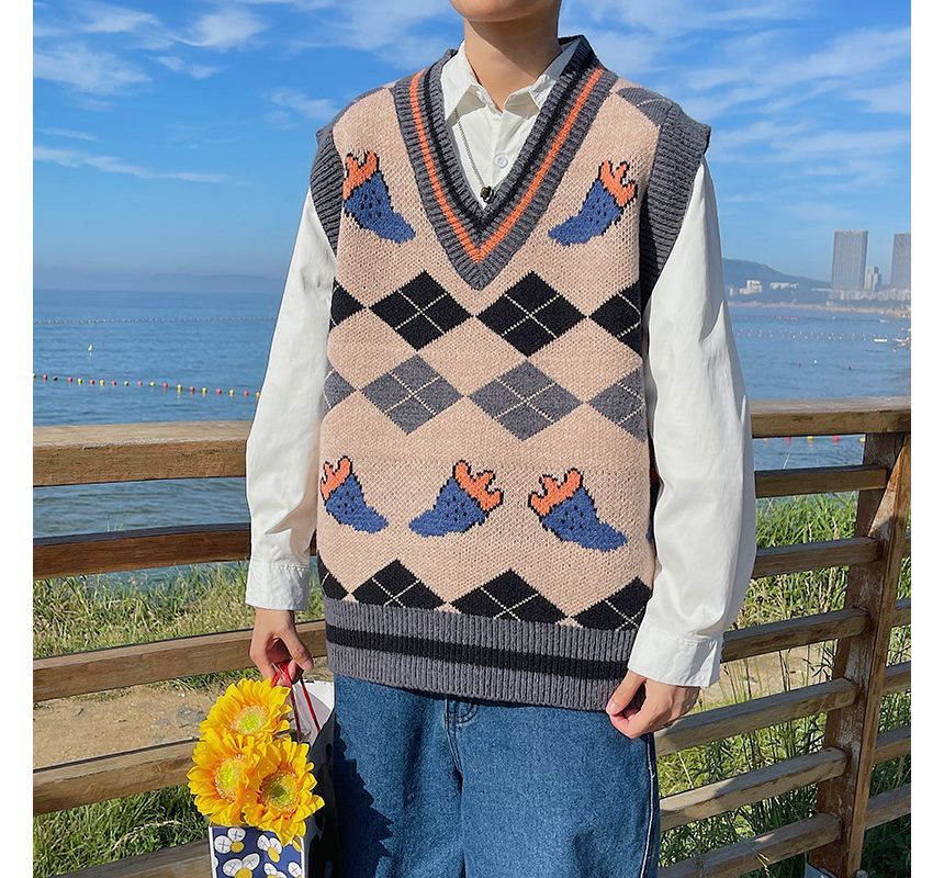 Hushgrain - V-hals Argyle Print Trui Vest