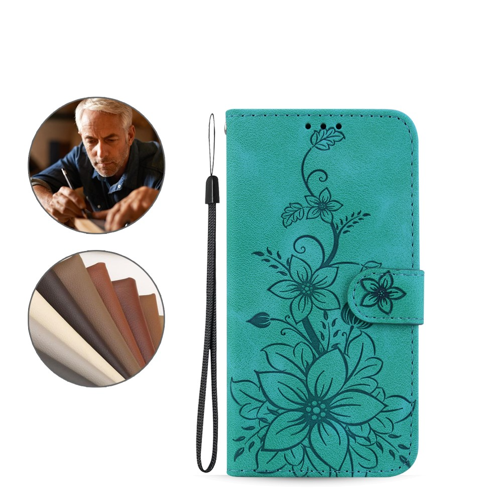 Samsung Galaxy S24 Leder Tasche Wallet - Blumen Imprint - Türkis