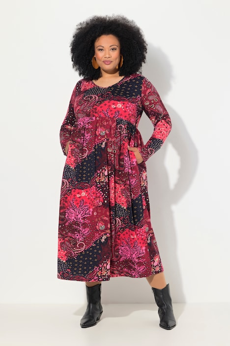 Jerseykleid, Paisley, V-Ausschnitt, Langarm, Taschen