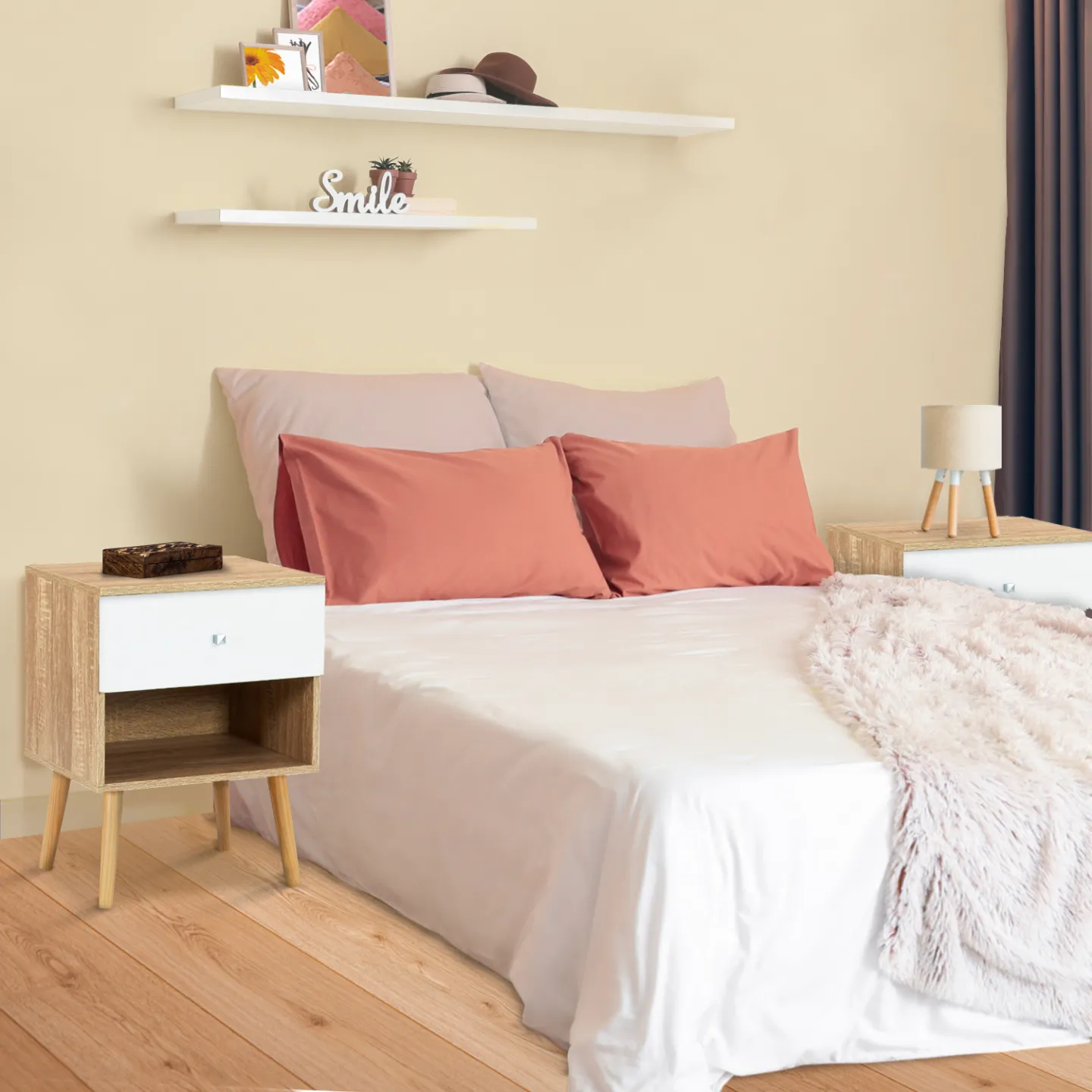 Lot de 2 tables de chevet EMMIE scandinaves 1 tiroir avec niche hêtre et blanc