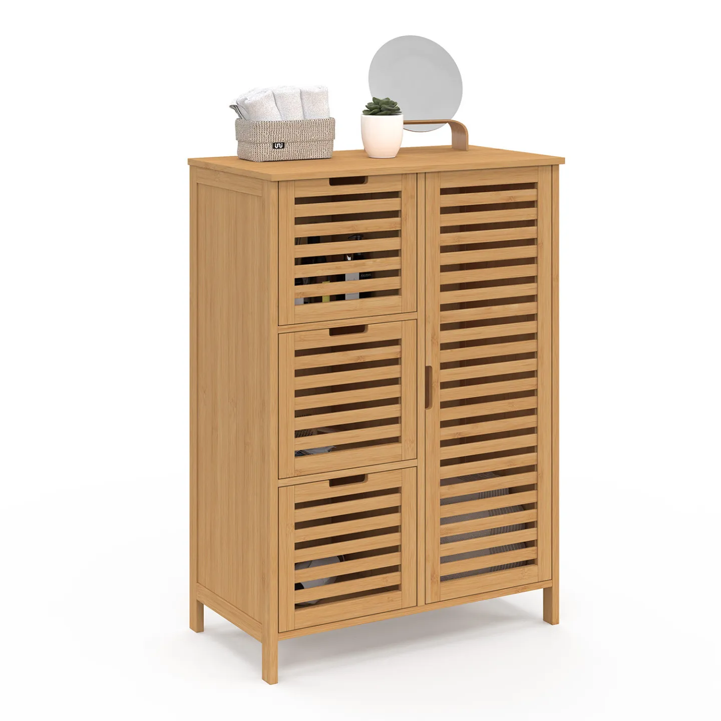 Meuble de rangement salle de bain bambou BEA 3 tiroirs avec placard