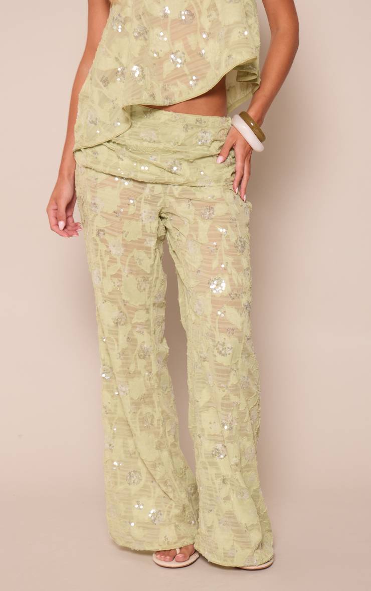 Vert Pantalon Co-ord Petite Avec Superposition Jupe À Texture Florale Et Sequins