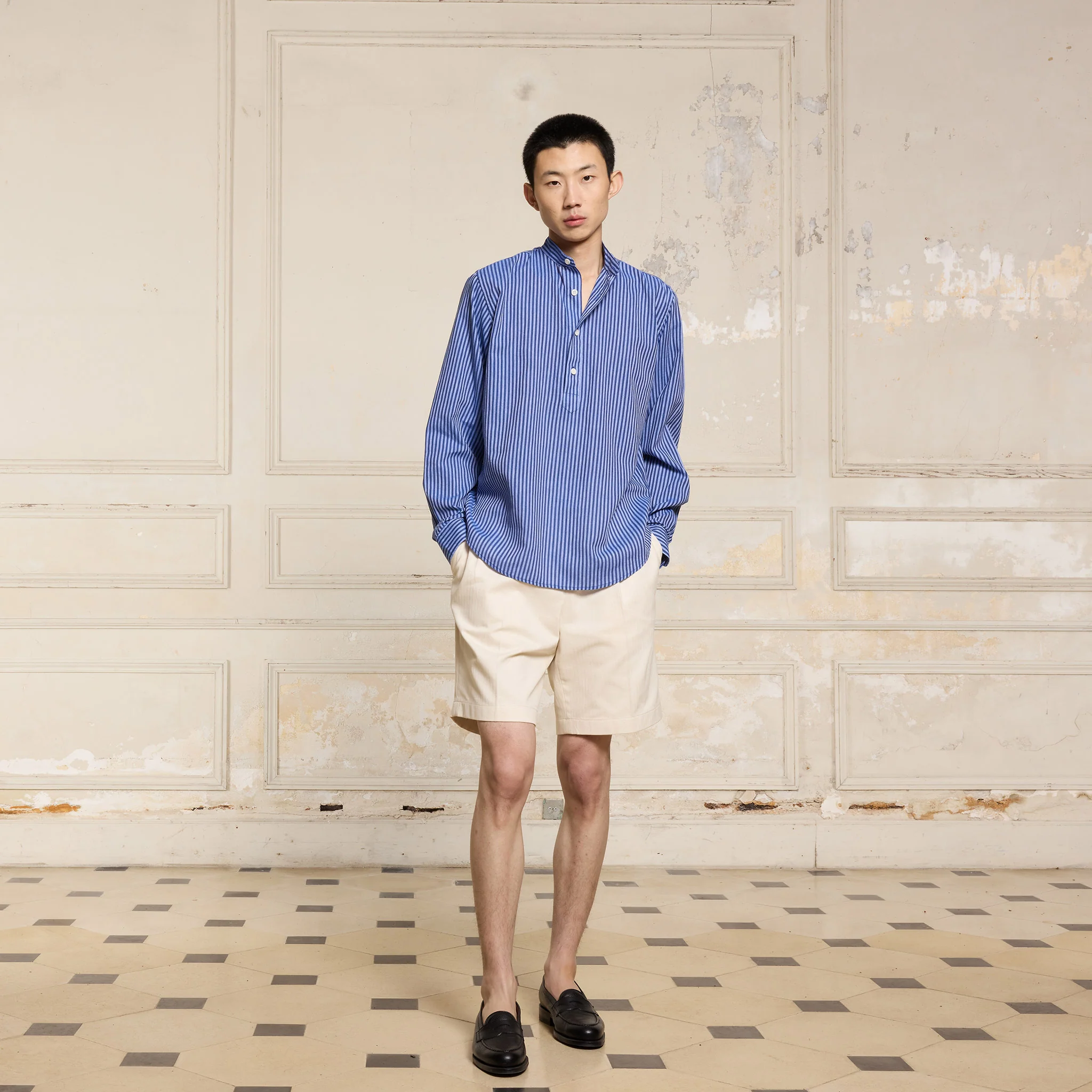 Navy linen and cotton shirt with blue stripes