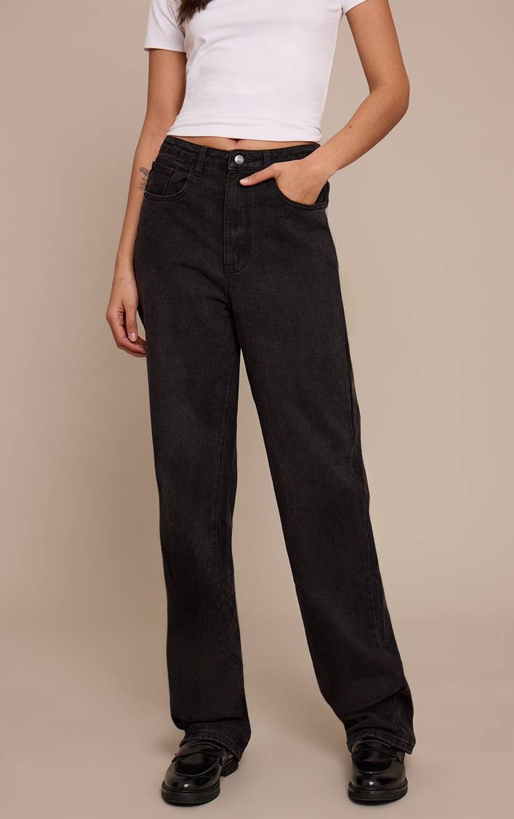 Noir Délavé Jean Droit En Denim Taille Haute