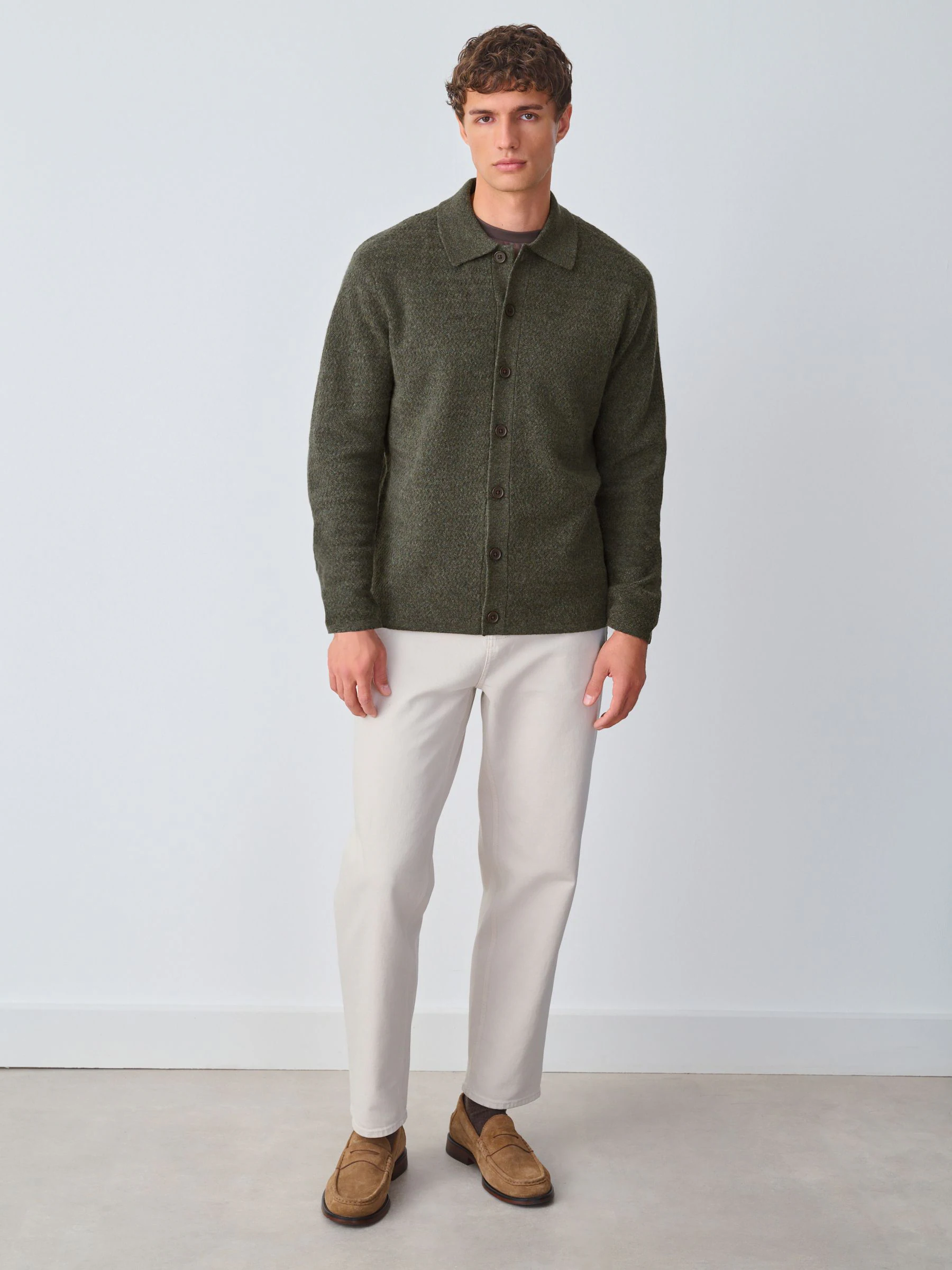 Groen - Regular Fit Textured Collared Cardigan with Wool