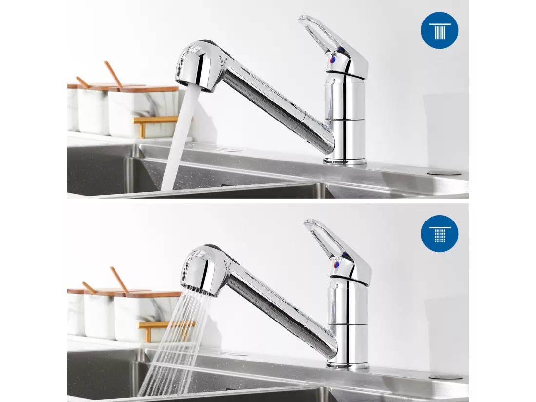 AuraLum Max Robinet Cuisine avec Douchette Extractible 2 Jets Mitigeur Evier en Inox Chromé Pivotant 360° Robinetterie Eau Froide et Chaude,EU Modèle