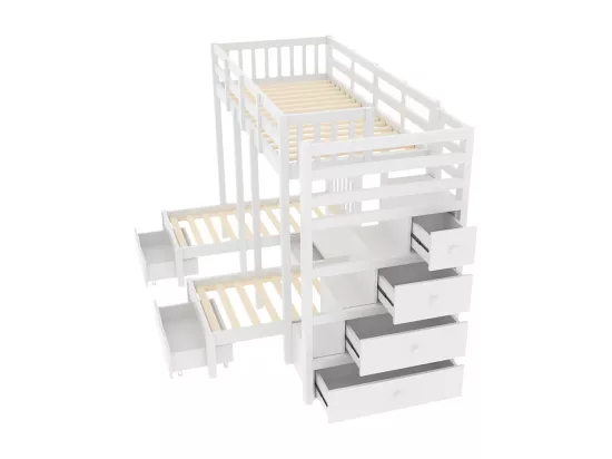 Lit d'enfant en bois massif 90*200 cm, lit superposé avec échelle de sécurité et table de chevet, design rail de sécurité, gris