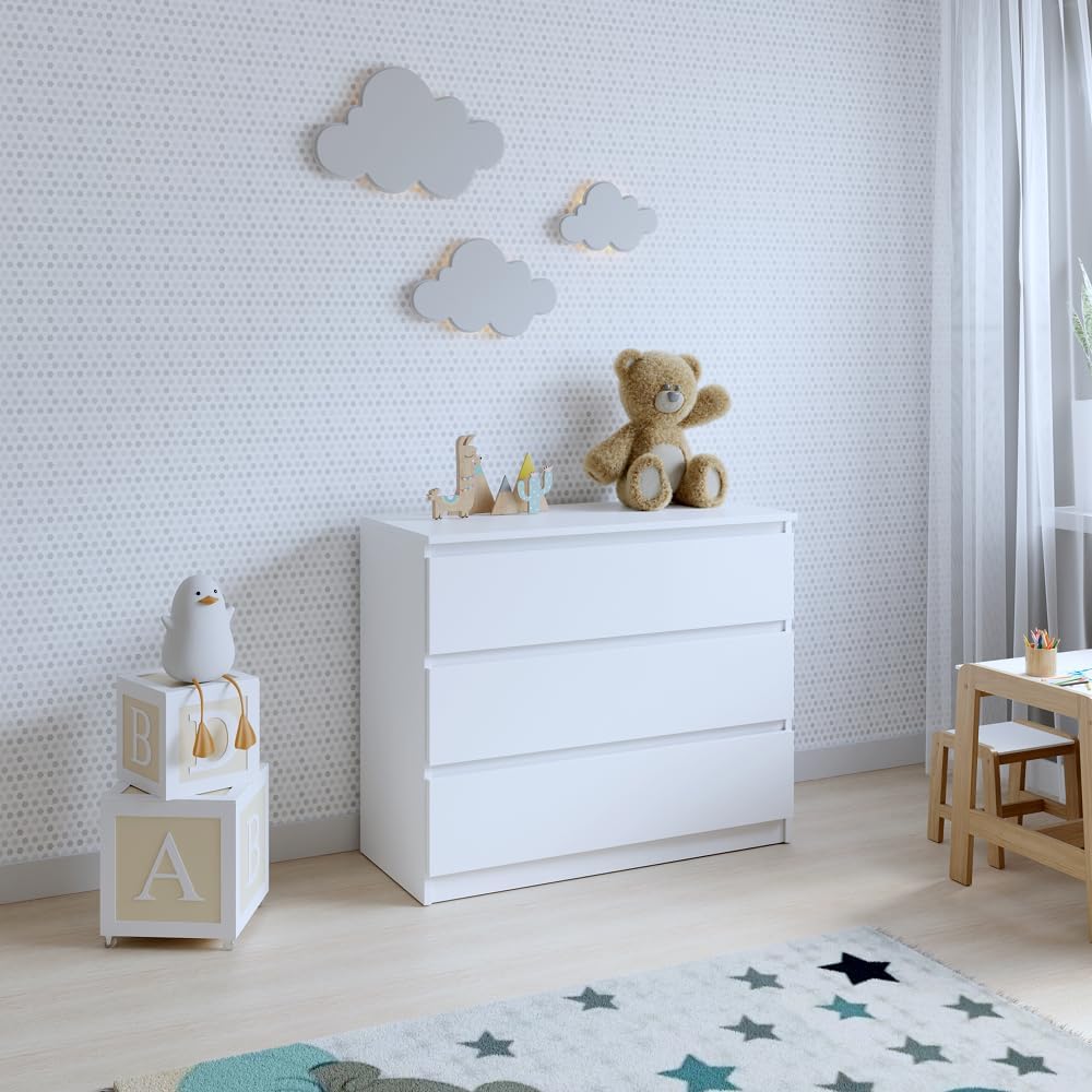3-Schubladen-Kommode | Weiß 90 cm Ideal für Schlafzimmer, Wohnzimmer, Kinderzimmer und Büro | Geräumige Kommode | Modernes Design | 90 x 75 x 40 cm