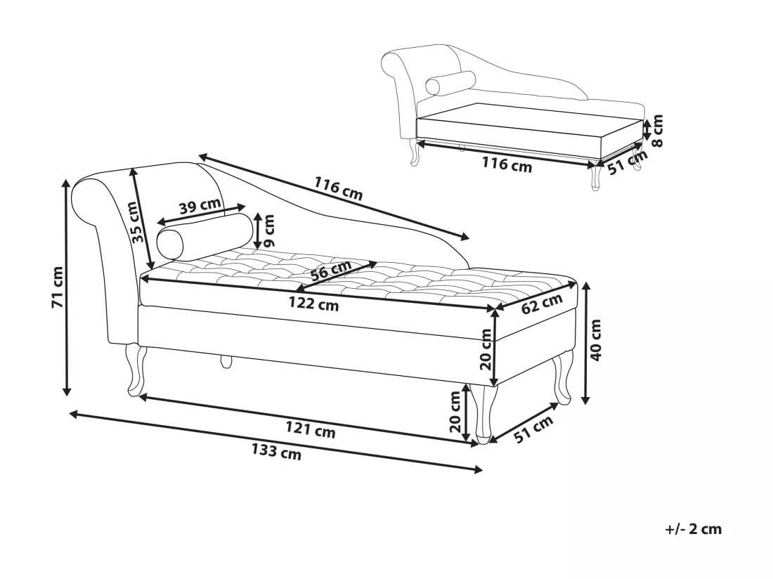 Chaise longue côté droite en velours taupe avec rangement PESSAC