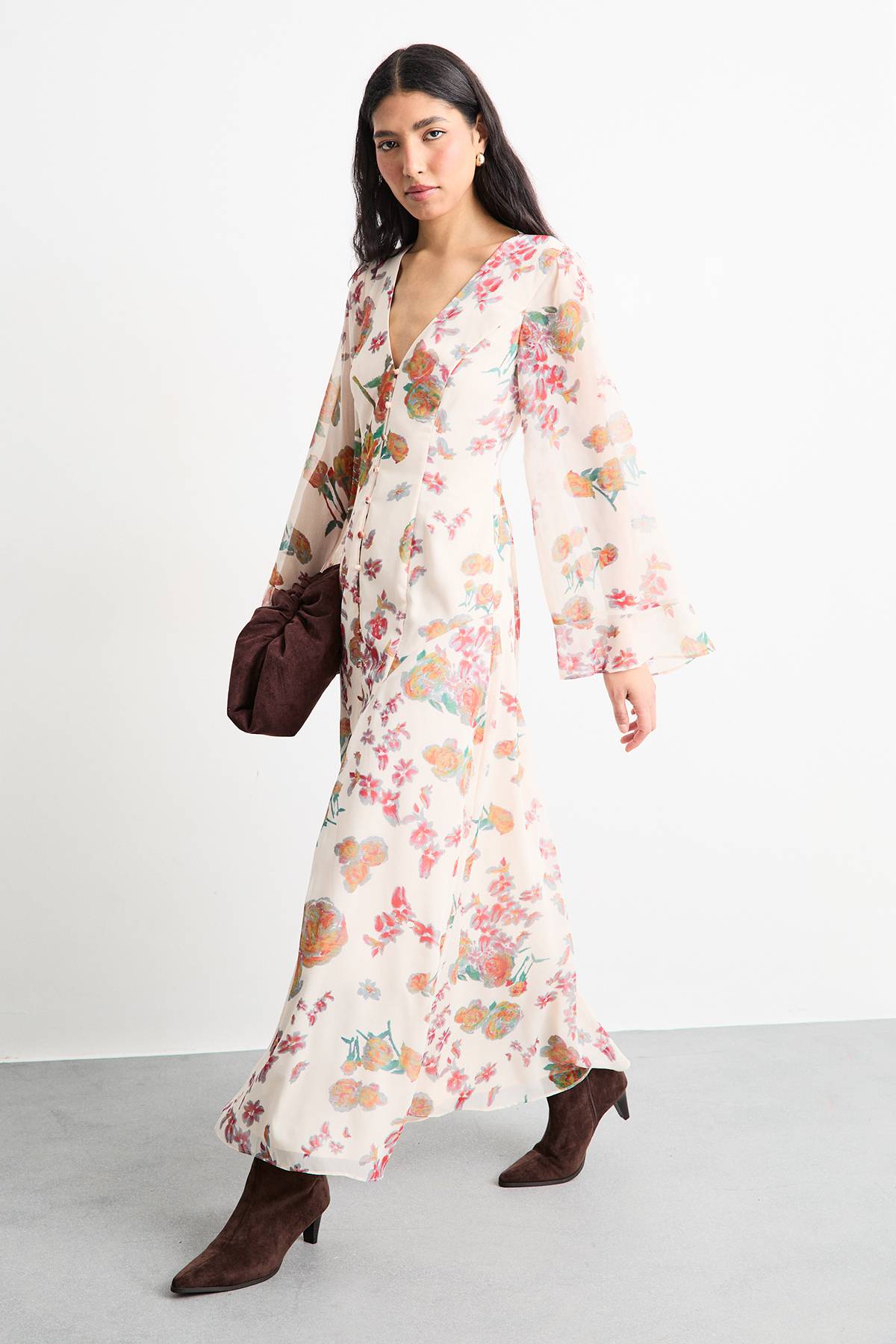 Warehouse Robe Longue Bohème En Mousseline À Imprimé Floral Avec Boutonnage