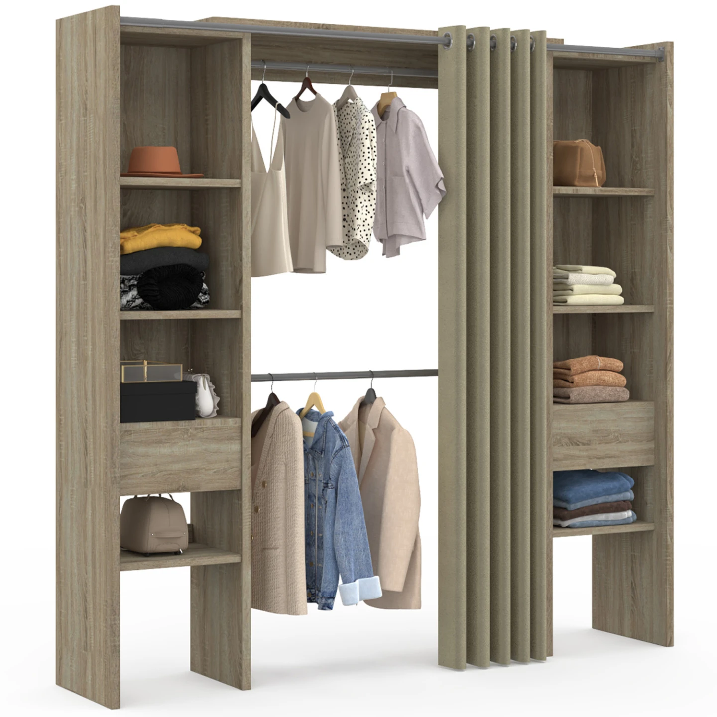 Dressing extensible double MERYL 120/180 x 50 x 180 cm hêtre avec étagères + double penderie + rideau taupe