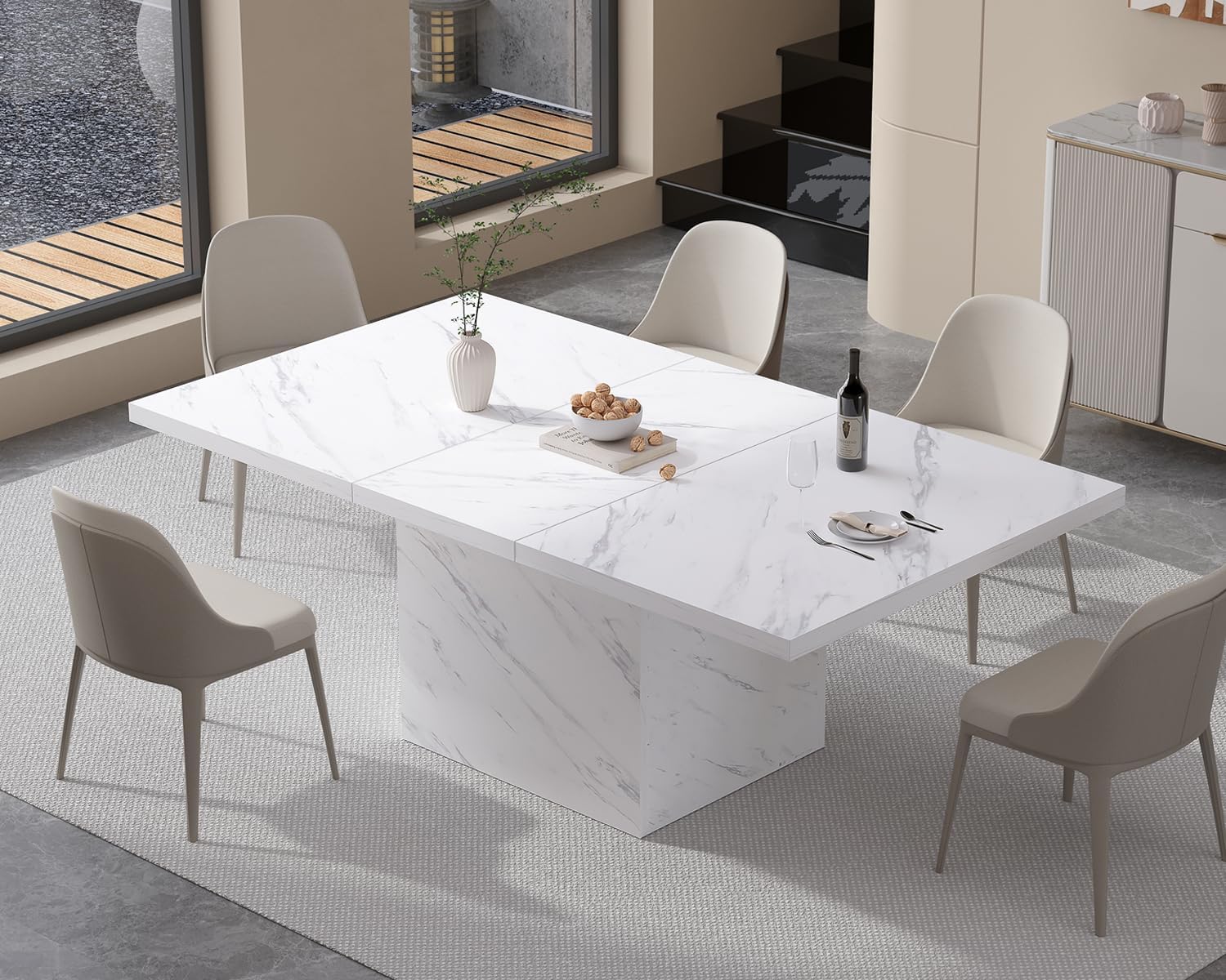 HSH Esstisch Moderner Küchentisch aus Holz Design für 4 bis 6 Personen, Esszimmertisch Holztisch für Küche, Zuhause, Wohnzimmer, Rechteckig Holztisch mit Stabiler Säule, Marmoroptik, Weiß 160 cm