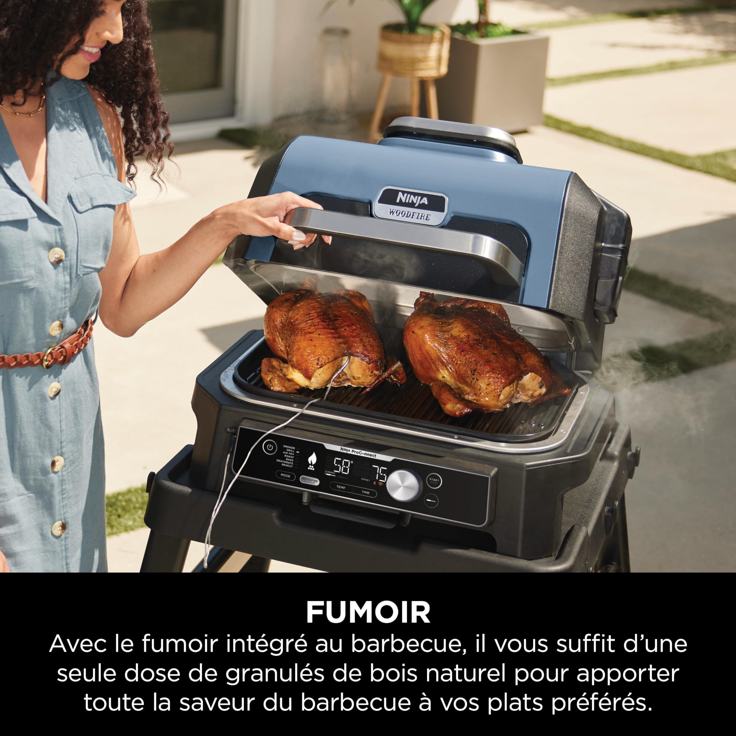 Ninja Woodfire Pro Connect XL Barbecue Électrique & Fumoir avec Contrôle d'Application, 2 Sondes, Grille, Housse, Revêtements & Brosse, Grill & Friteu