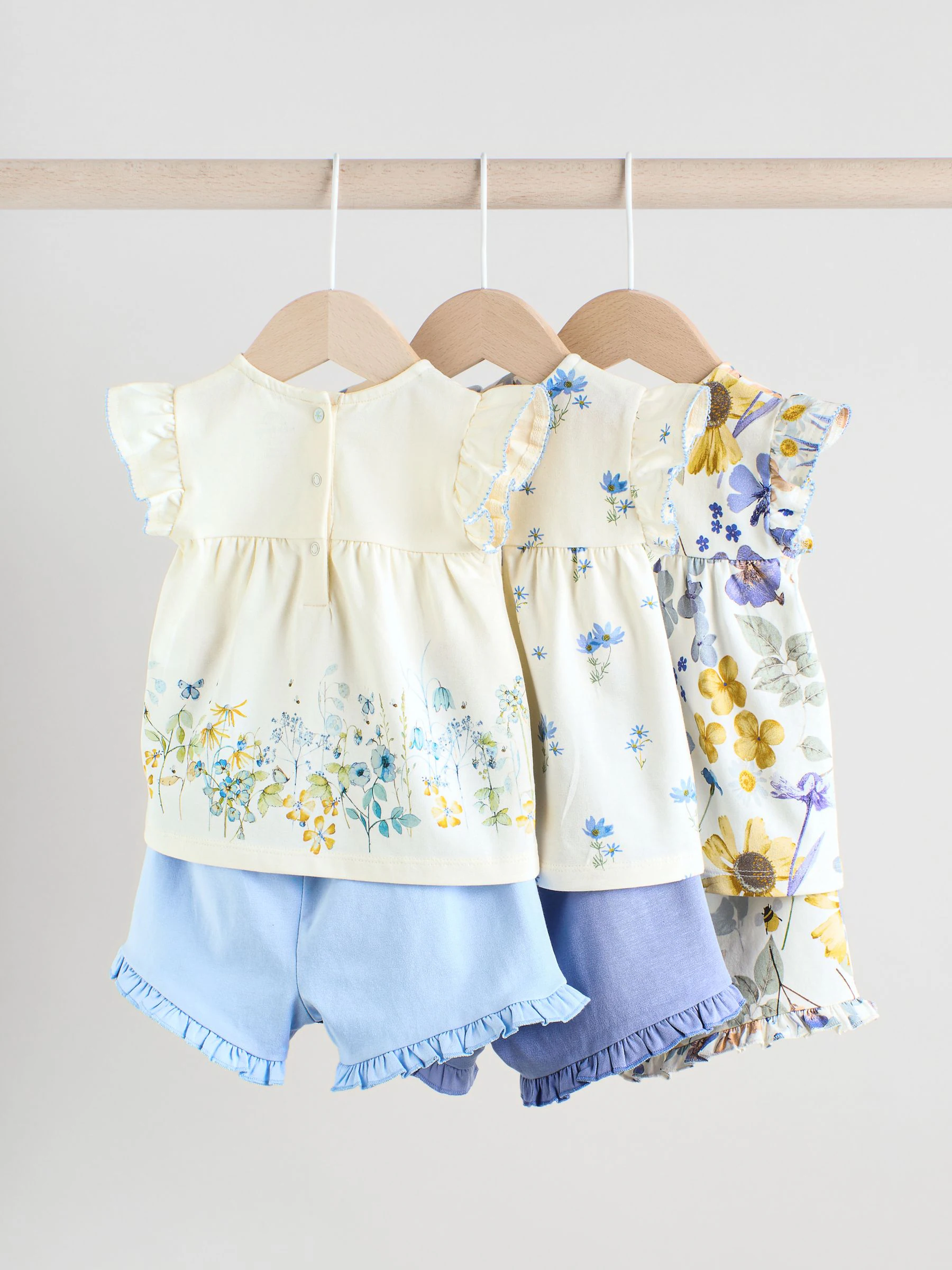 Blauw/wit met bloemenprint - 6 -delig Baby Set van T-shirt met ruches en short (0mnd-2jr)
