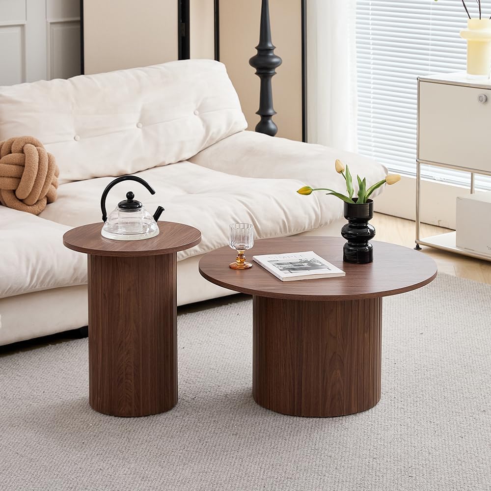 Runder Couchtisch 2er Set, Beistelltisch aus Holz, Moderner Kaffeetisch mit römischer Säulenbasis für Wohnzimmer, Balkon, Schlafzimmer (Braune Holzmaserung)