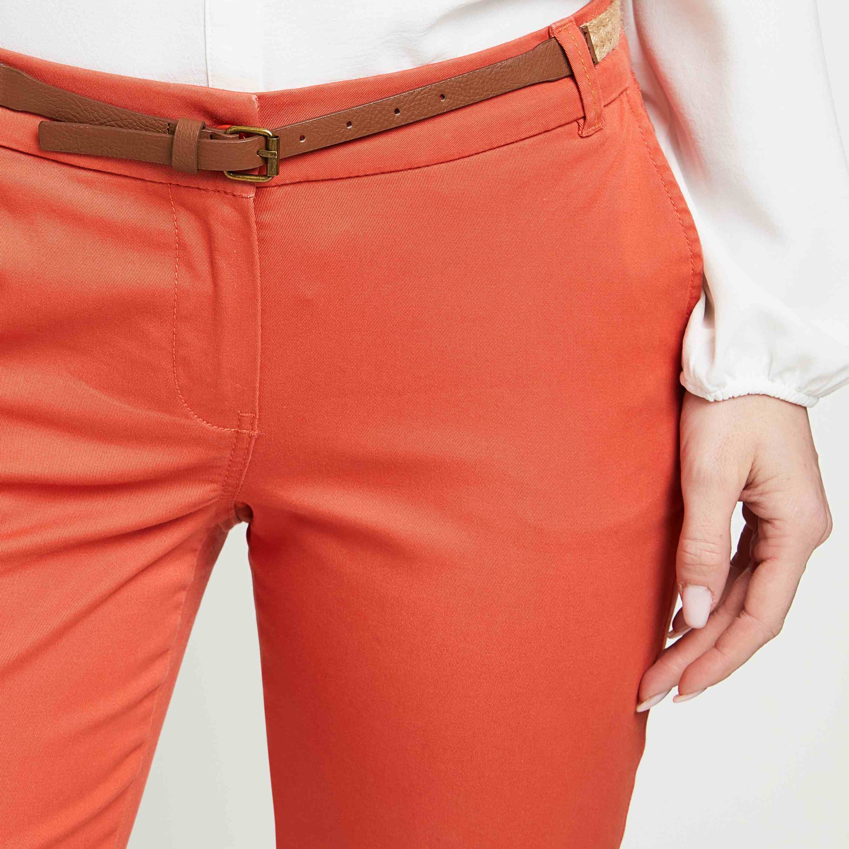 Pantalon chino avec ceinture femme - ORANGE