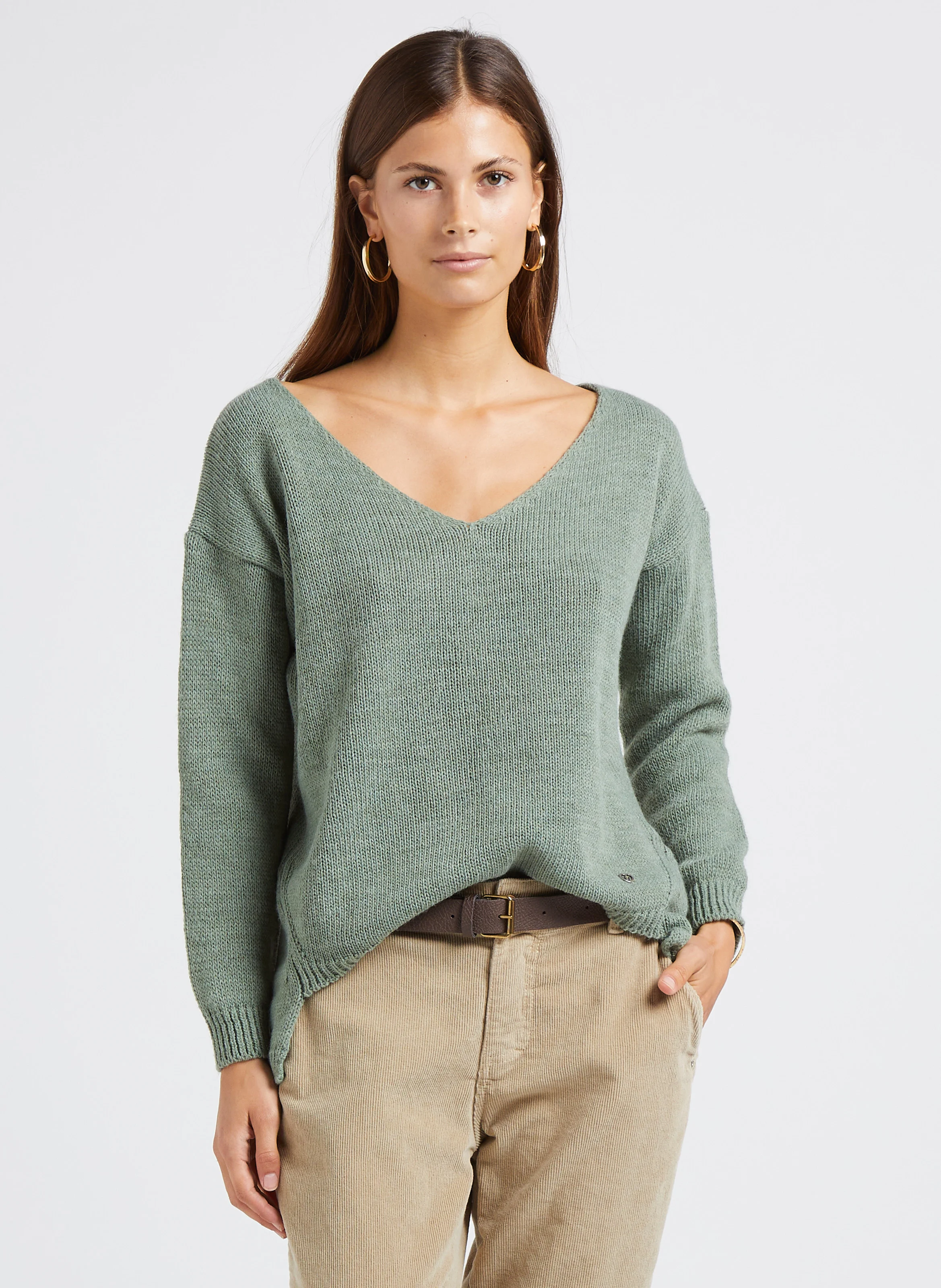 Pull col V en maille mélangée| Vert