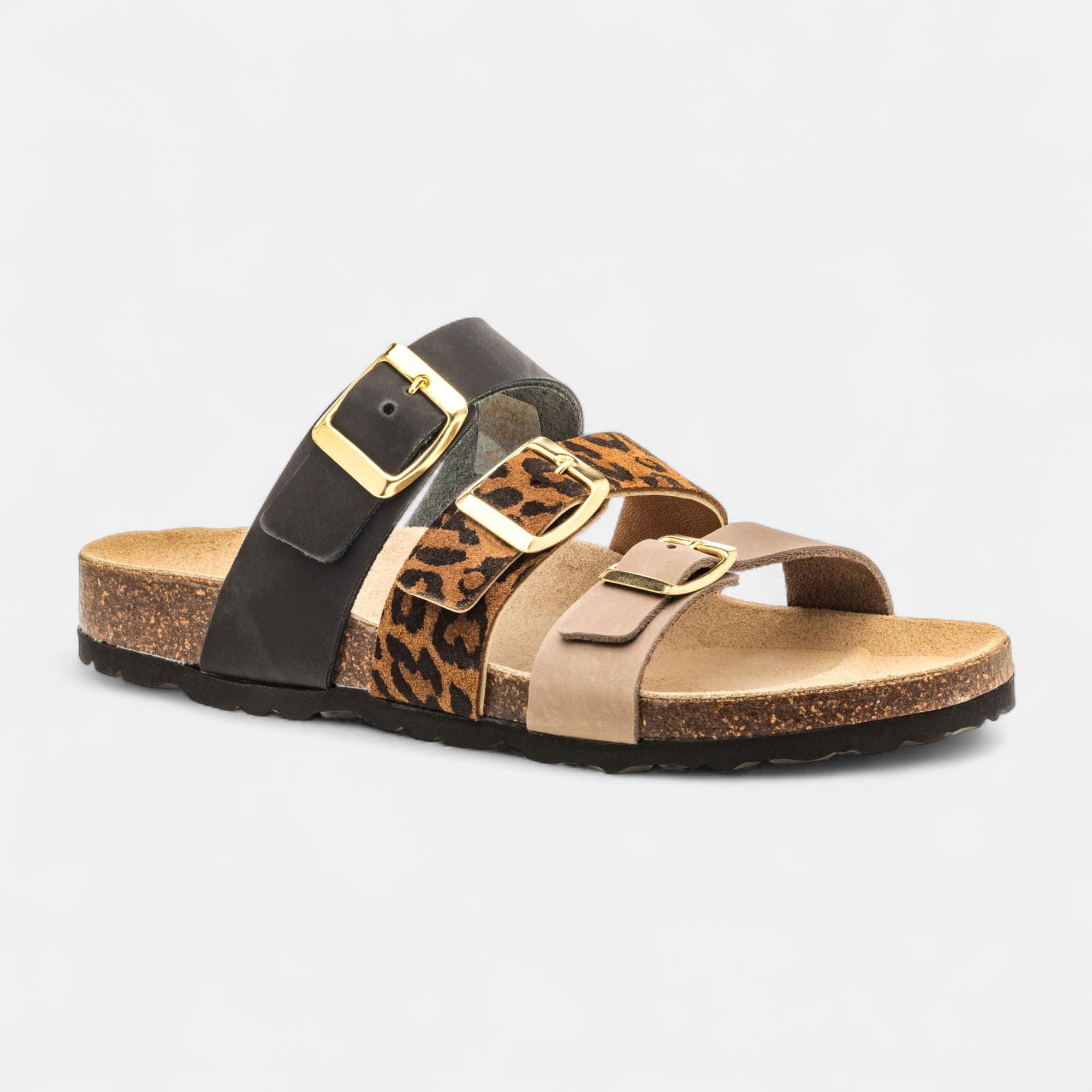 Mules semelle liège Femme en cuir noir