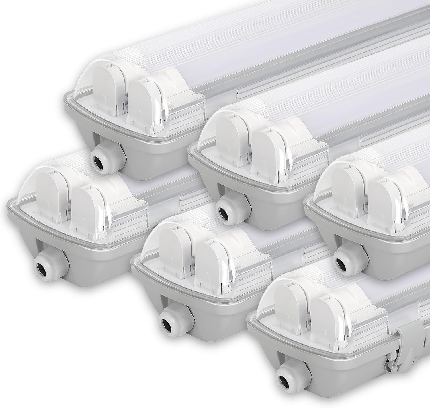 LED Feuchtraumleuchte 150cm 6er 6000K Kaltweiß 2x 24W Röhre 4800lm IP65 Wasserfest T8 Werkstattlampe Röhrenlampe Komplett Wannenleuchte Leuchte für Garage Keller Büro Warenhaus