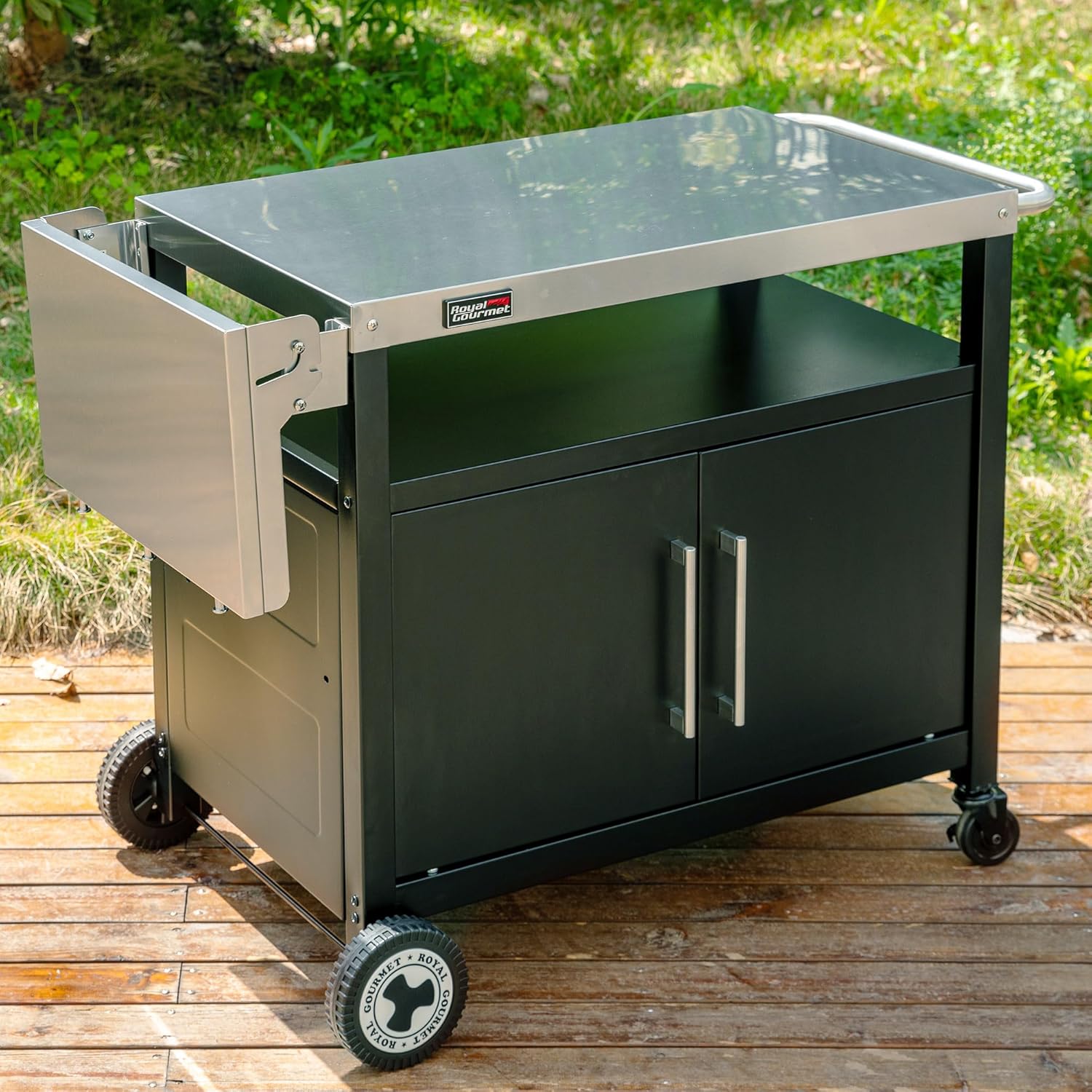 Royal Gourmet Grillwagen mit Klappbarem Seitentisch Grilltisch mit Handtuchgriff, Unterschrank, Grill Trolley mit Edelstahl Tischplatte, Servierwagen mit Rollen