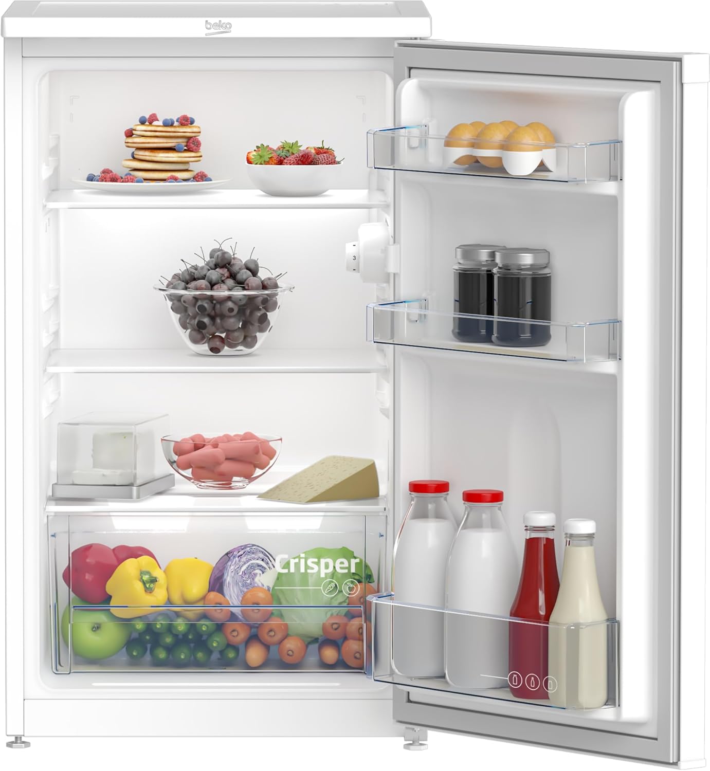 Beko TS190040N Standkühlschrank freistehend, 88 l Gesamtrauminhalt, wechselbarer Türanschlag, gute Beleuchtung im Gerät, 38 dB, robuste Glasablagen, Weiß