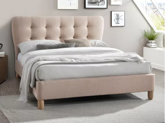 Lit 140 x 190 cm avec tête de lit capitonnée - Tissu - Beige + Matelas - ELIDE