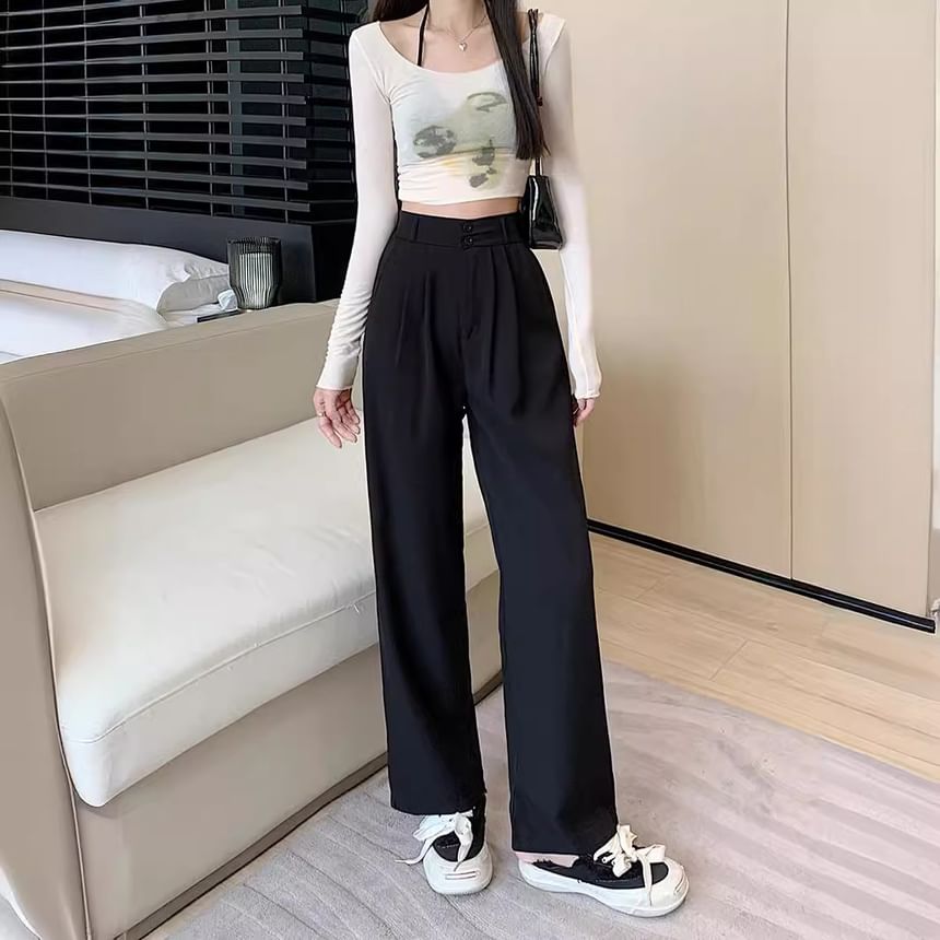 Dovitade - High Rise Plain Straight Leg Slacks