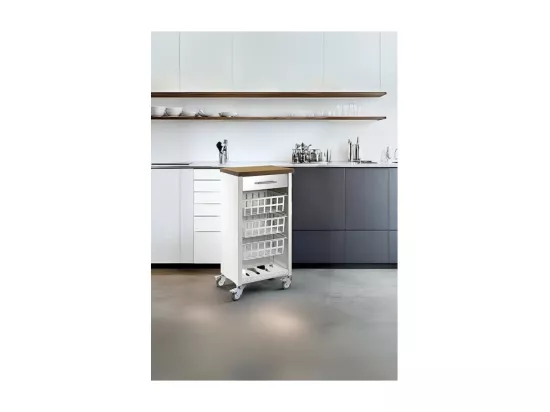 Desserte de cuisine, chariot de rangement - couleur Blanc, Inox, Cerisier - 93*48*34 cm - KARA