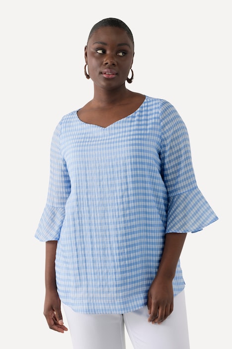 Blusenshirt, Karo, Herzausschnitt, 3/4-Glockenarm