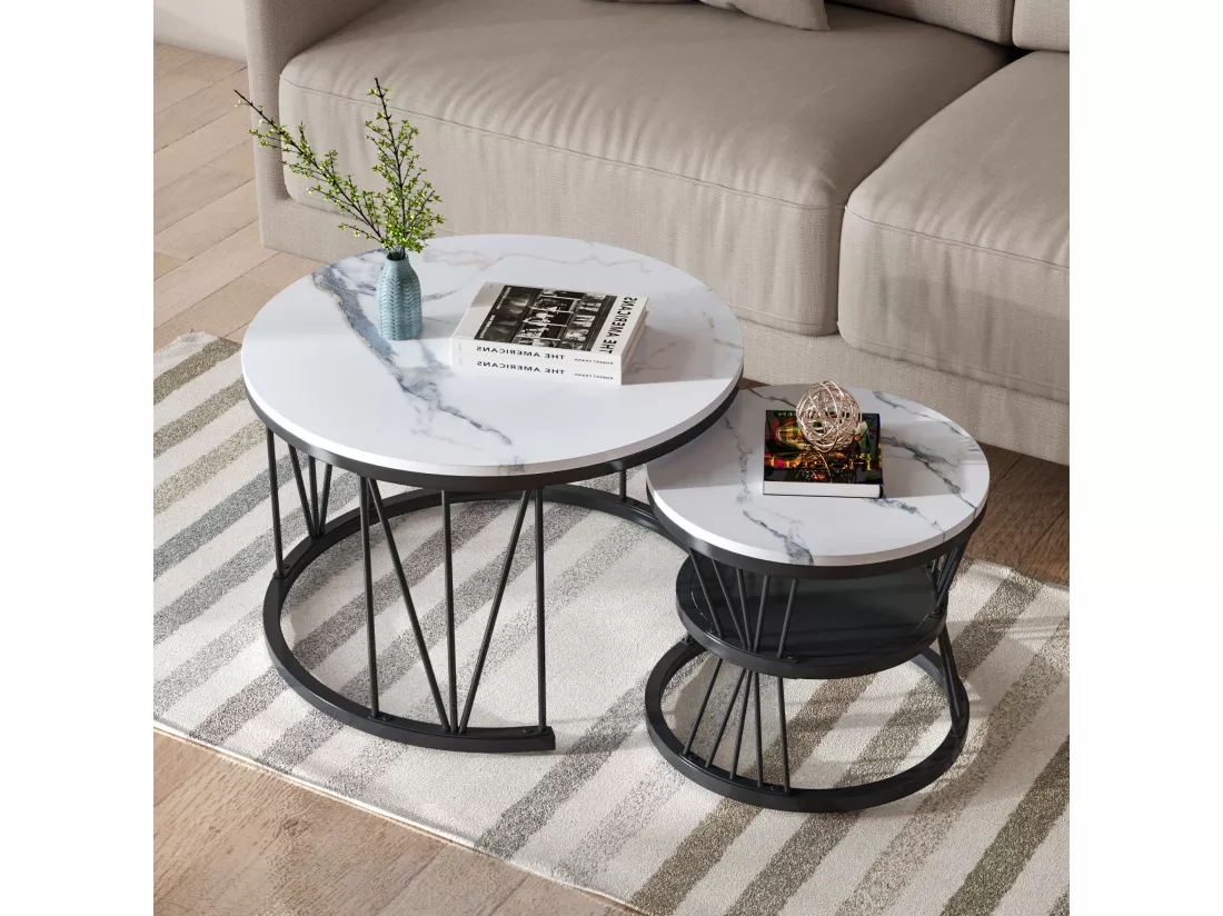 Lot de 2 tables basses rondes modernes avec structure en marbre pour salon, salle de réception, balcon et bureau - Structure en métal - 70 x 70 x 45 cm - Noir - 70 x 70 x 45 cm