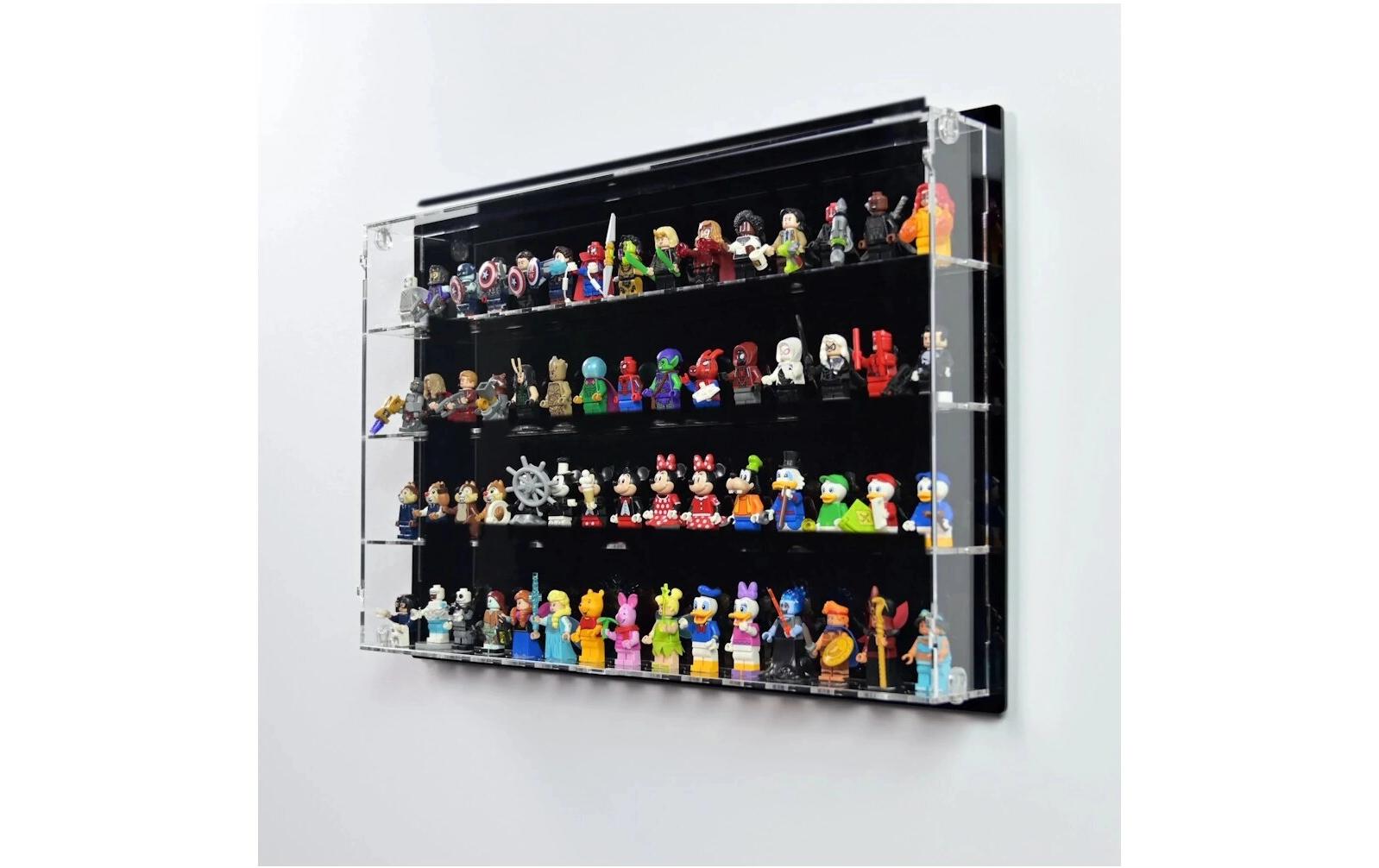 Baukasten Acryl-Wand-Display für 60 LEGO-Minifiguren<br>Acry-Display-Box mit schwarzem Hintergrund