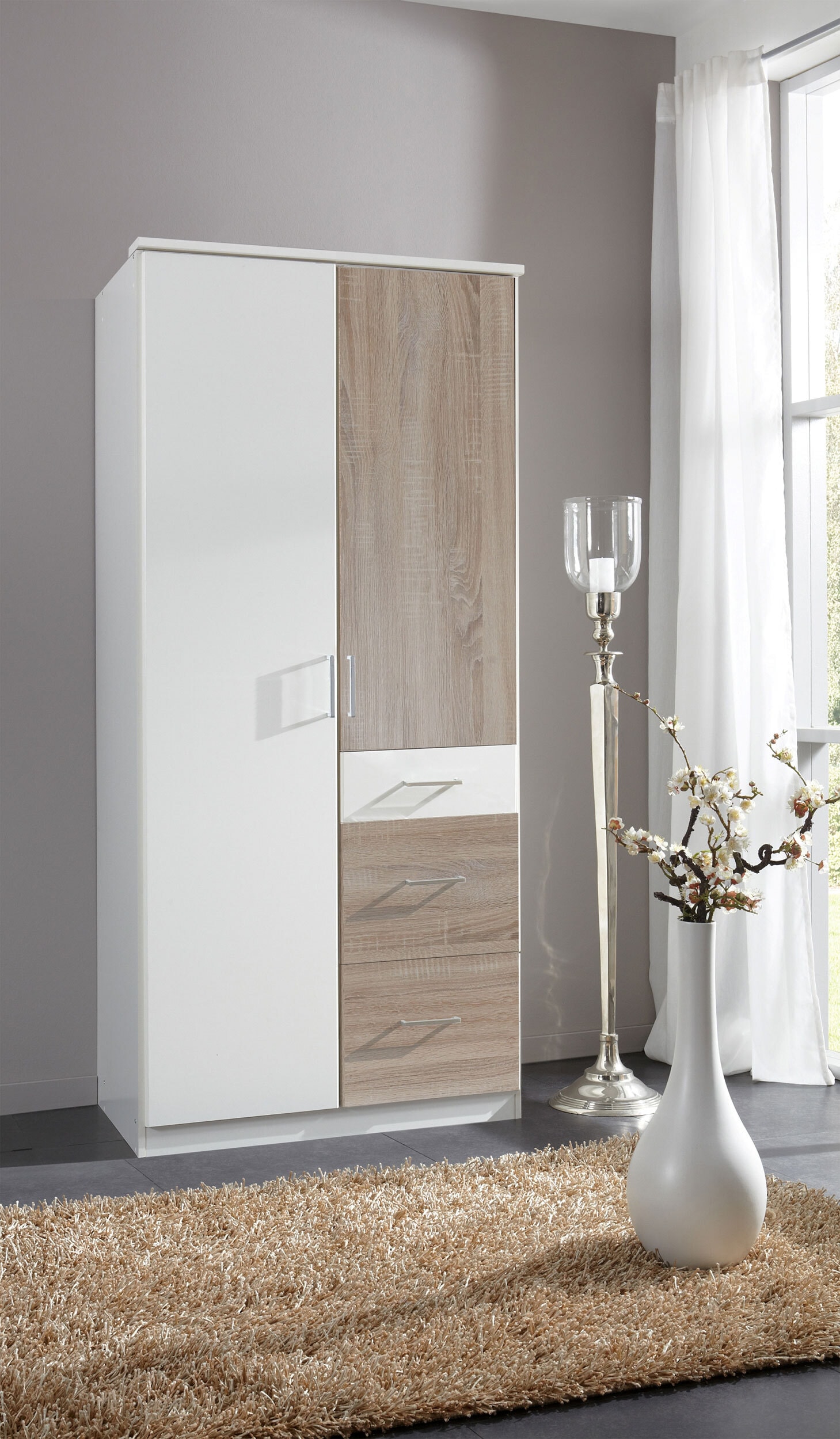 Drehtürenschrank Click Weiß/Eiche sägerau Nachbildung ca. 91 x 199 x 58 cm