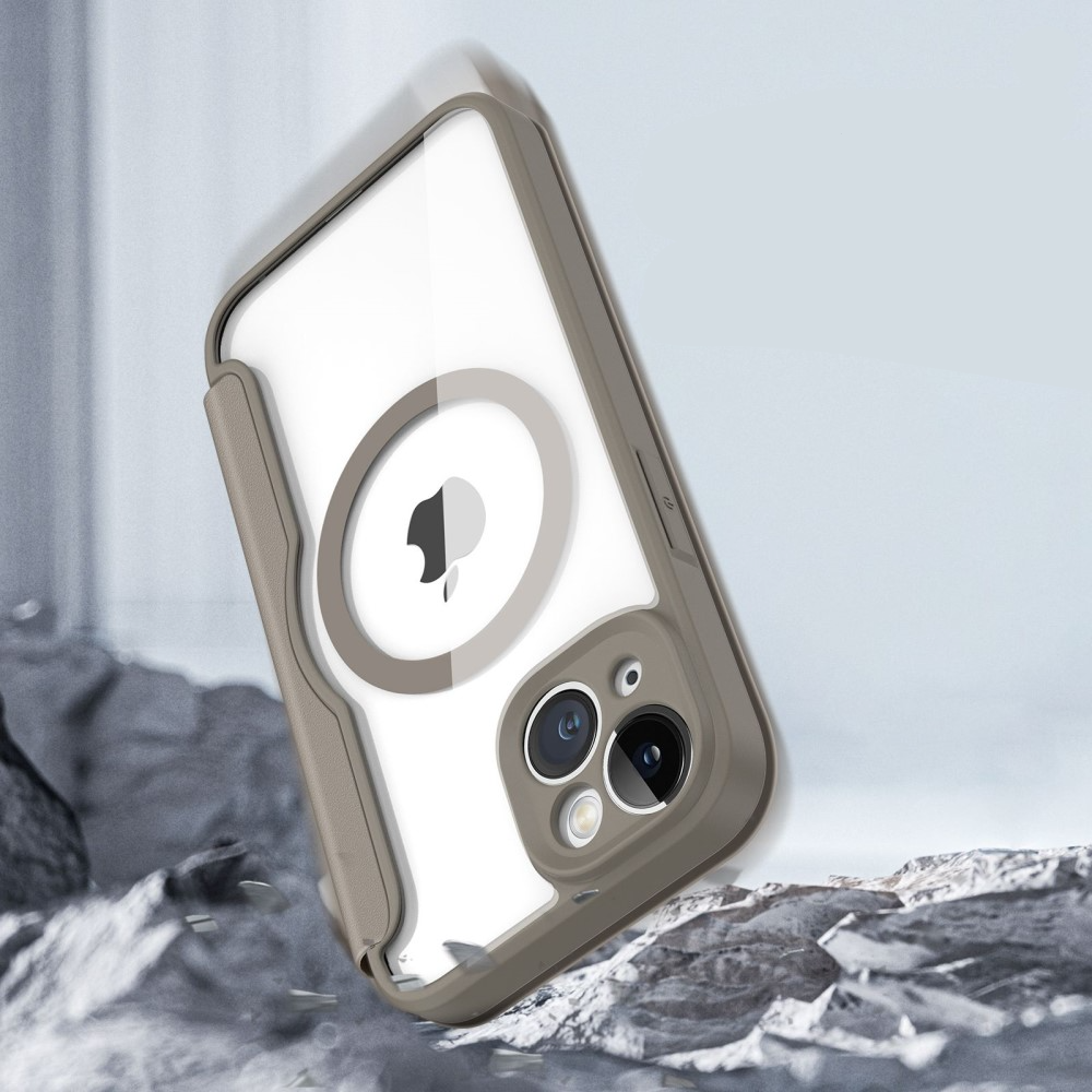 iPhone 14 MagSafe Hybrid Leder Tasche   Kunststoff Rückseite - Khaki / Transparent
