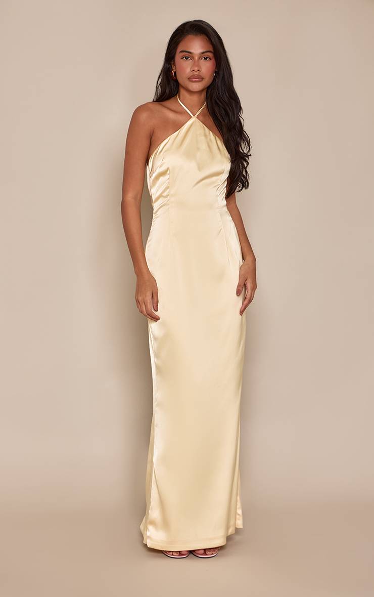 Citron Robe Longue En Satin À Dos Cowl Avec Détails En Dentelle