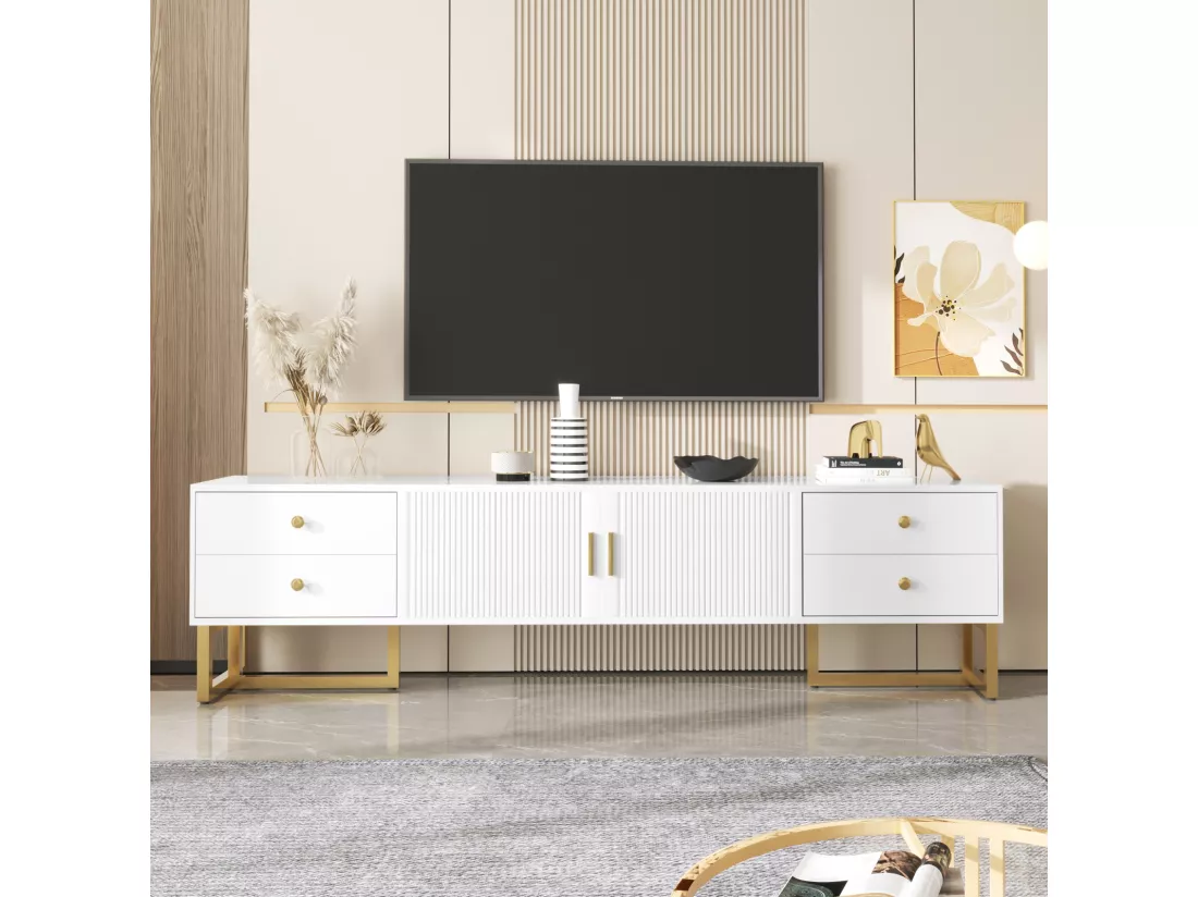 Meuble TV 175x30x46cm, panneau bas avec porte texturée, iroirs, poignées dorées et pieds dorés, blanc
