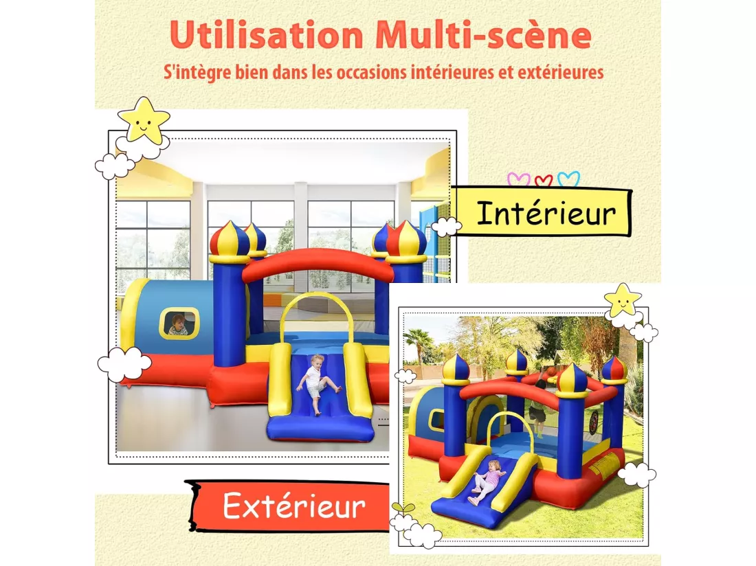Château Gonflable pour Enfant avec Espace de Rebonds, Petite Maison, Toboggan, Panier de Basket, Sac de Transport et Kit de Réparation, 335 x 382 x 210 cm(sans Gonfleur)