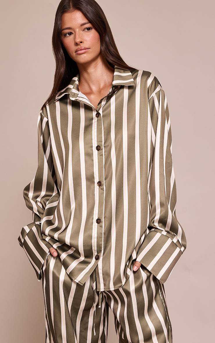 Kaki Chemise Satinée À Fines Rayures