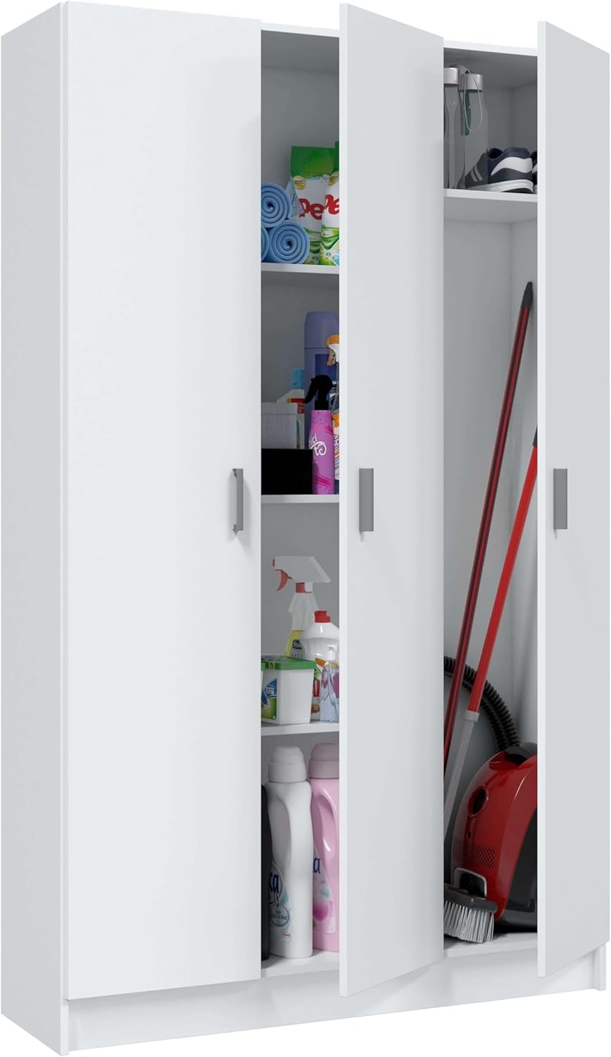 Habitdesign, Mehrzweckschrank mit 3 Türen und 4 Einlegeböden – geräumiger Schrank in Mattweiß für Schlafzimmer, Flur oder Abstellraum, Maße: 109 x 180 x 37 cm (B x H x T), Pflegeleichte Oberfläch