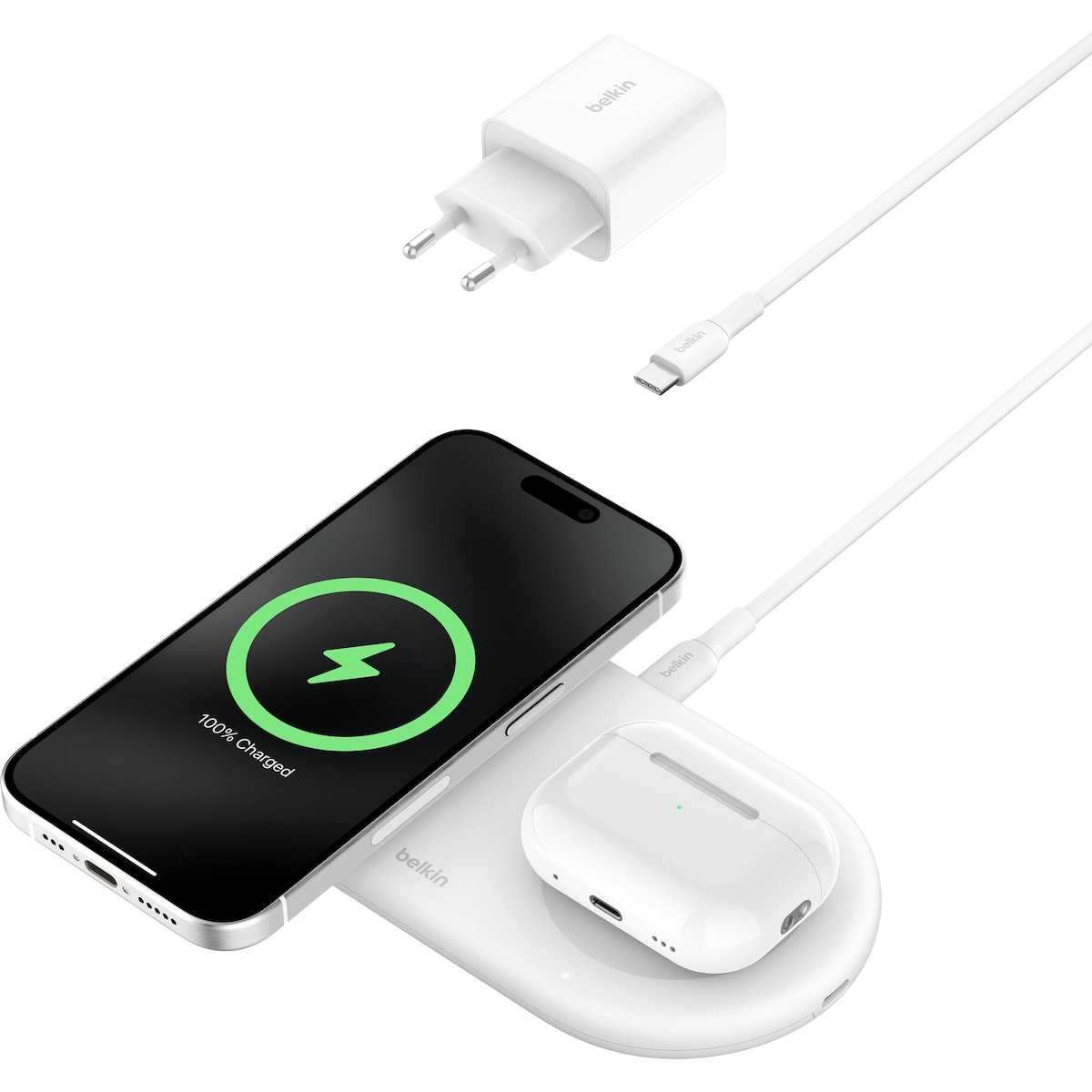Belkin BoostCharge Pro 2i1 Magnetic Qi2 trådløs lader (hvit)