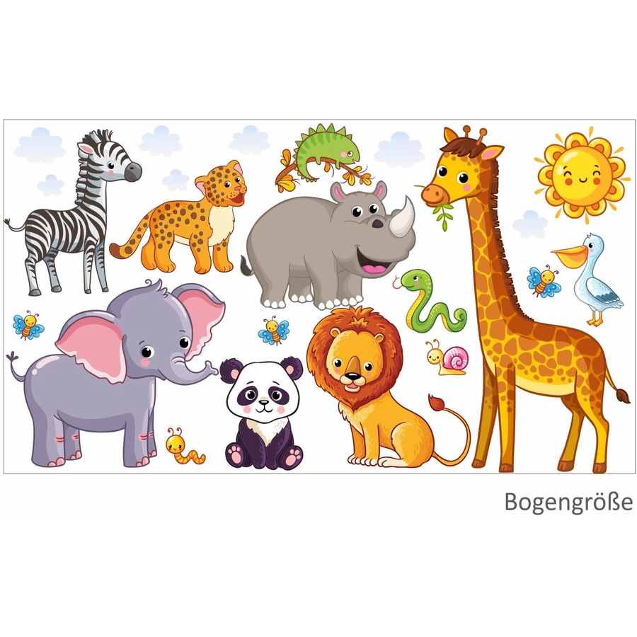 Nikima Wandtattoo 080 Wandtattoo Tiere Kinderzimmer Elefant Löwe Giraffe bunt