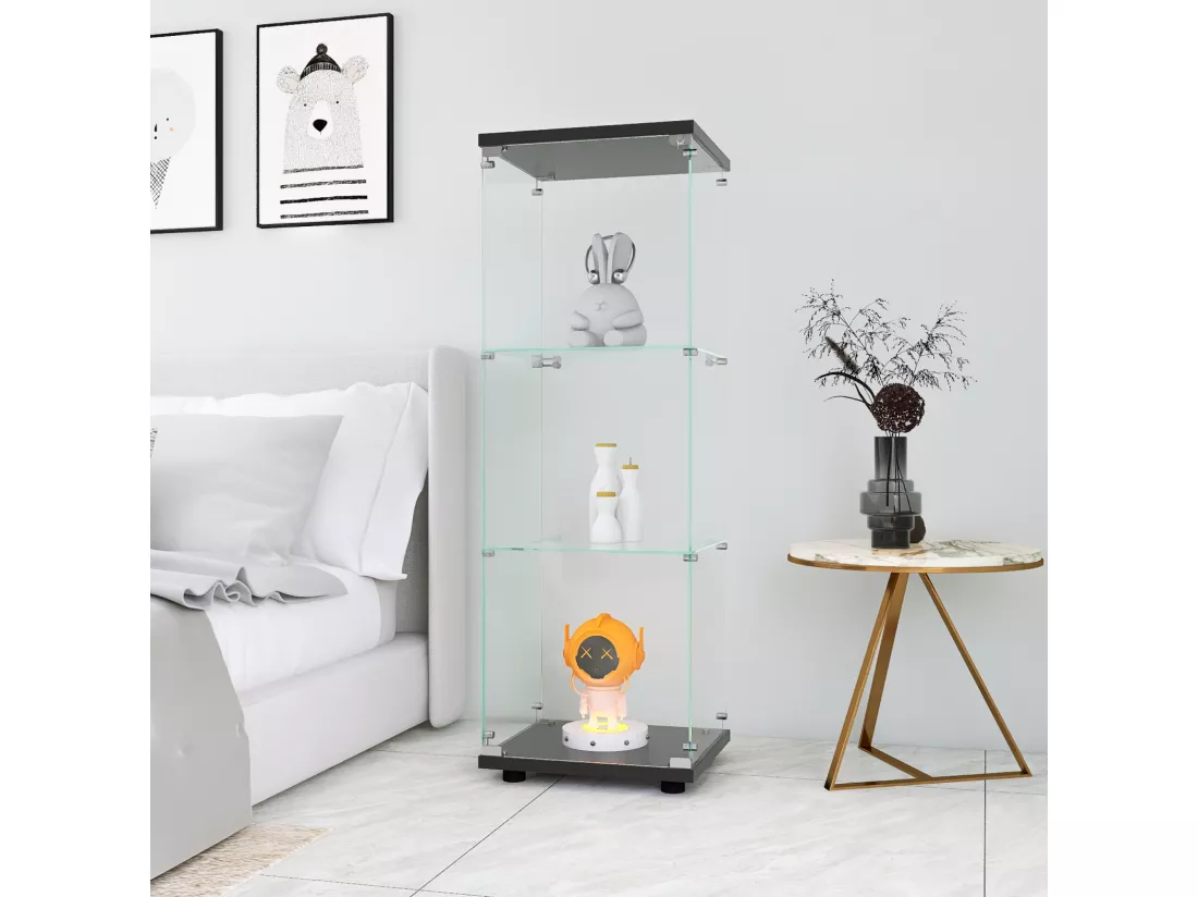 Vitrine en Verre - 3 étagères en Verre - bibliothèque à Poser au Sol pour Chambre à Coucher - Armoire Moderne en Bois avec Portes et Serrure - Noir