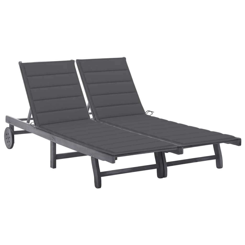 Transat chaise longue bain de soleil lit de jardin terrasse meuble d'extérieur 2 places avec coussin gris acacia