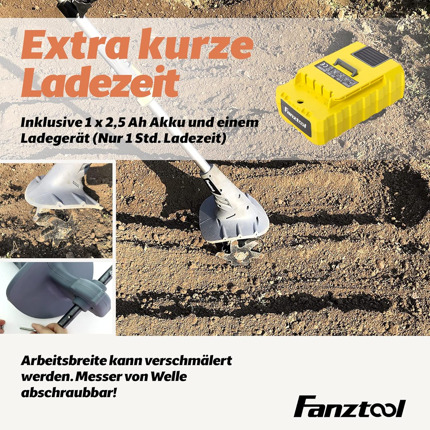 FANZTOOL mini Motorhacke Akku 20V inkl. 2.5Ah Akku & Ladegerät, Gartenfräse mit 20cm Arbeitsbreite,15 cm Arbeitstiefe Bodenhacke für klein Beet & Garten