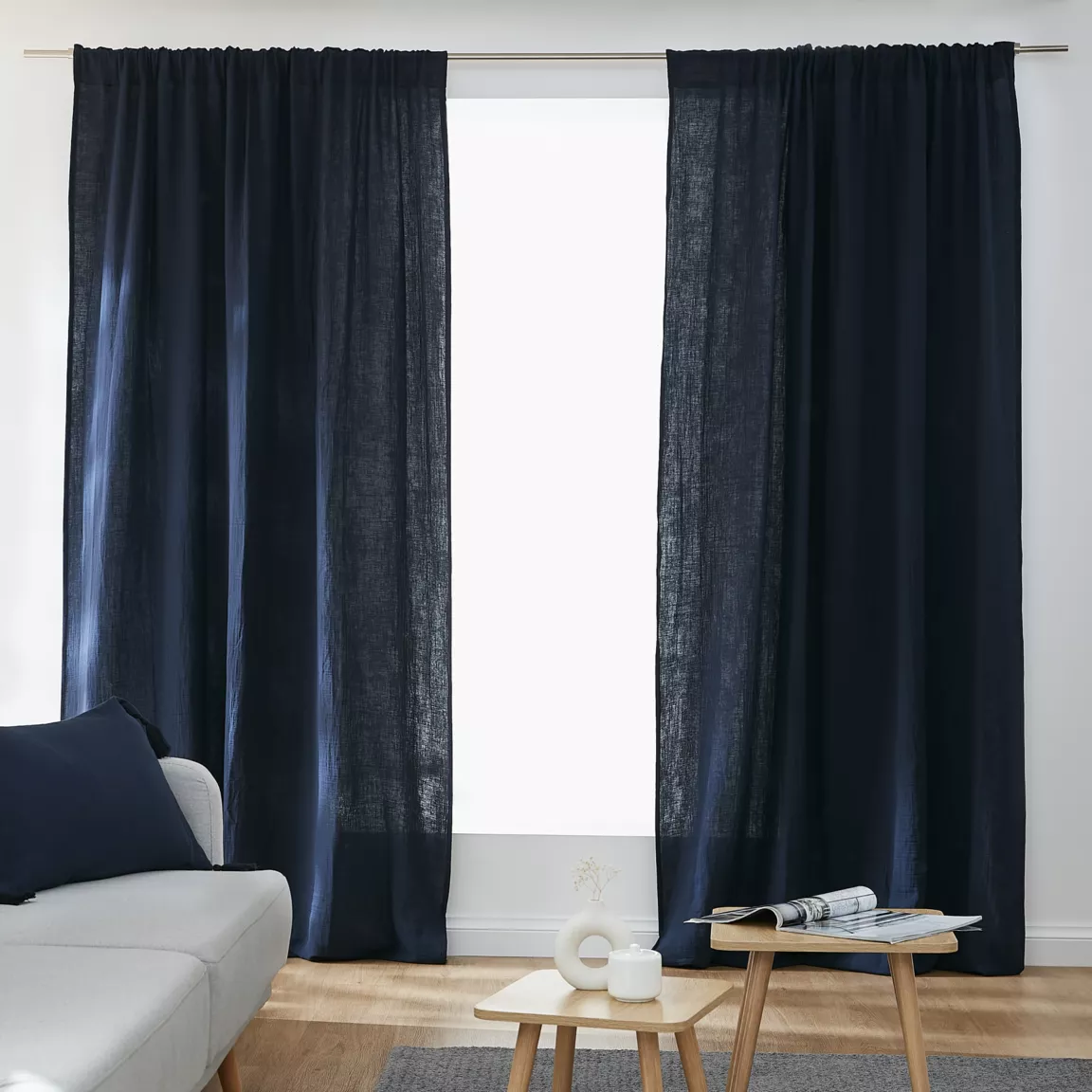 Rideau gaze de coton galon fronceur (140 x 240 cm) Gaïa Bleu nuit