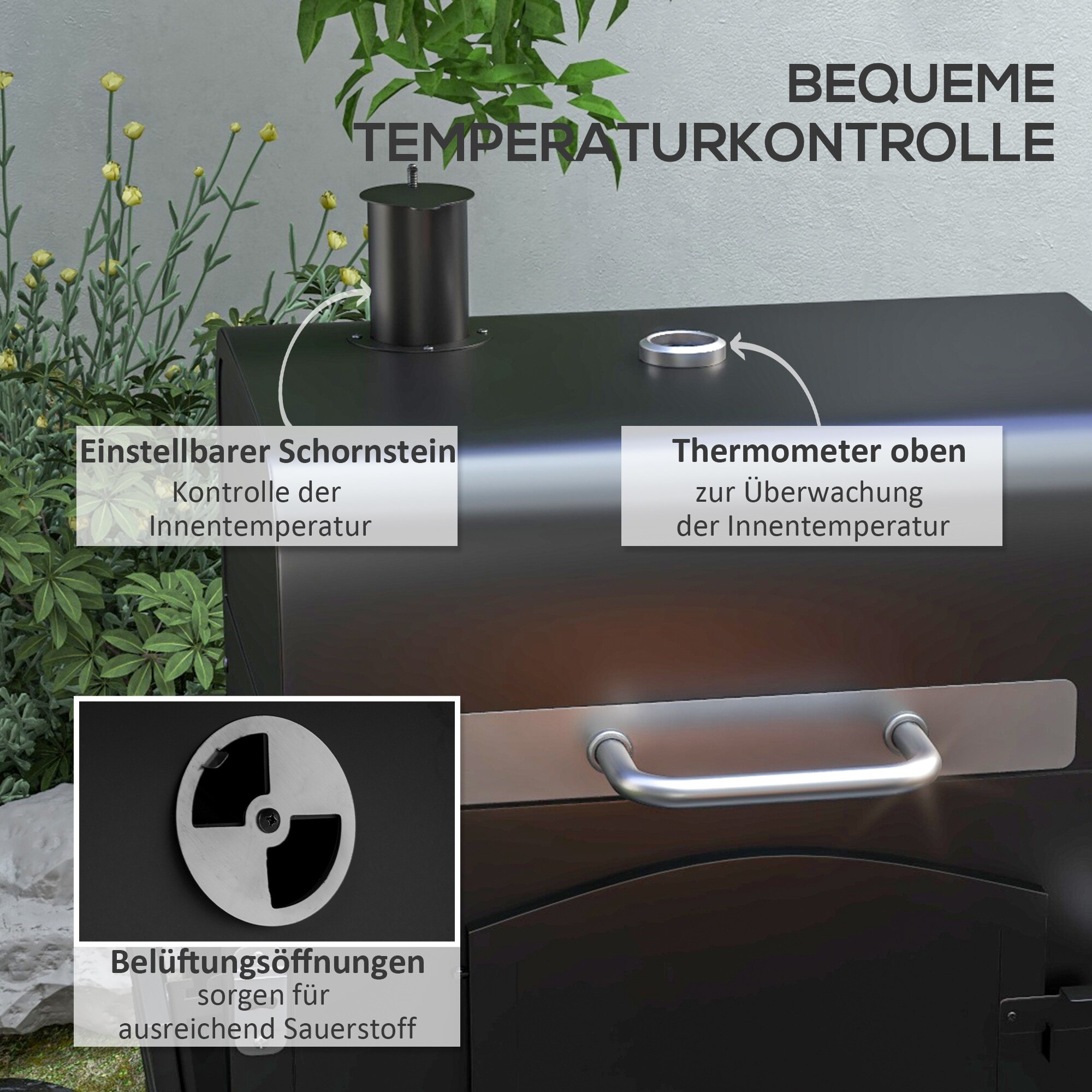 Outsunny Holzkohlegrill mit Thermometer schwarz 124L x 66B x 112H cm