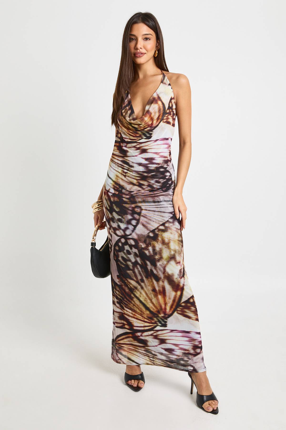 boohoo Robe maxi en maille abstraite à encolure drapée