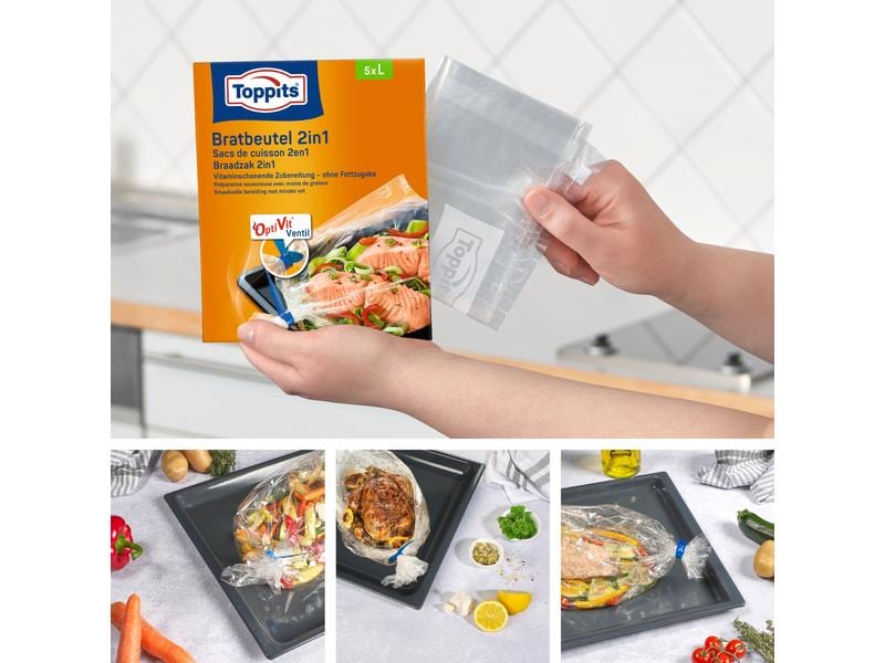 Toppits Bratbeutel 2 in 1 Grösse L, 5 Stück Bratbeutel für fettfreies Braten und Dampfgaren