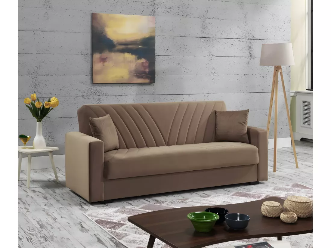 Canapé Jorge, Canapé de rangement linéaire 3 places avec 2 coussins inclus, Canapé de salon en tissu rembourré avec ouverture clic-clac, 214x81h89 cm, Beige