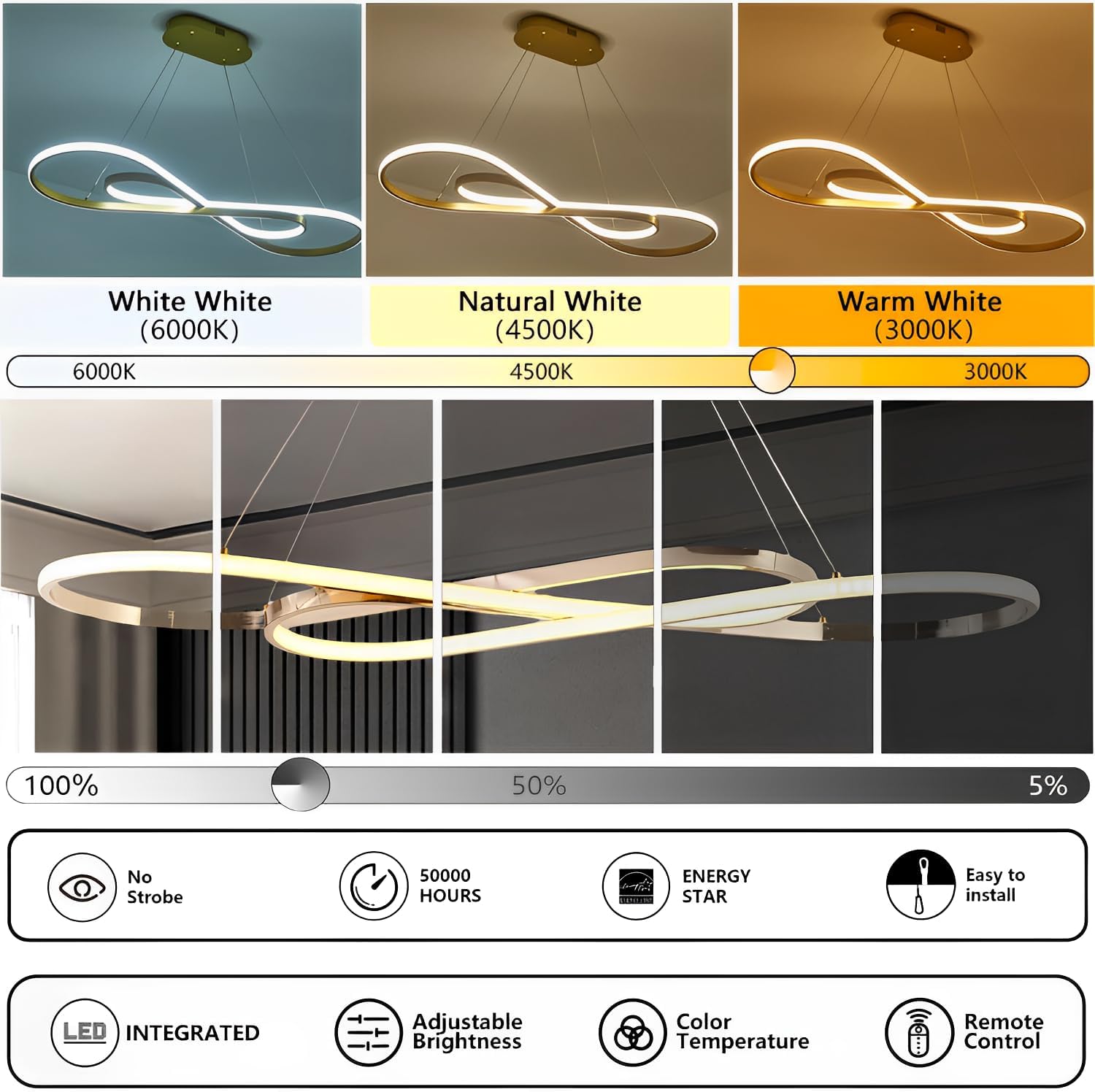 57W Dimmbare LED Pendelleuchte, Doppelfigur 8 Design Hängeleuchte mit Fernbedienung, Pendellampe Hängend Höhenverstellbar, Hängelampe für Wohnzimmer, Esstisch, Esszimmer, Küche, Gold