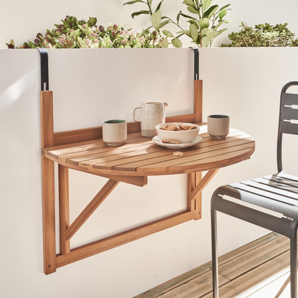Table d'appoint en bois pour balcon. Semi-arrondie. Rabattable. Hauteur ajustable